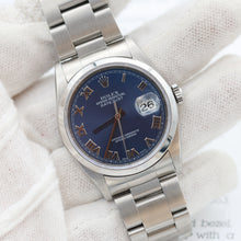 Charger l'image dans la galerie, ON SALE: Rolex Datejust 36 ref. 16200 Blue Soleil Roman Dial Oyster Bracelet - Full Set