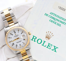 Charger l'image dans la galerie, ON SALE: Rolex Date ref. 15233 White Roman Dial Oyster Bracelet Steel/Gold - Full Set