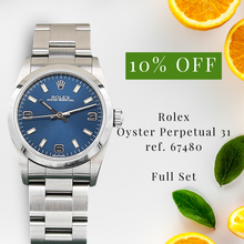 Cargar imagen en el visor de la galería, ON SALE: Rolex Oyster Perpetual 31 ref. 67480 Blue 3-6-9 Dial - Full Set