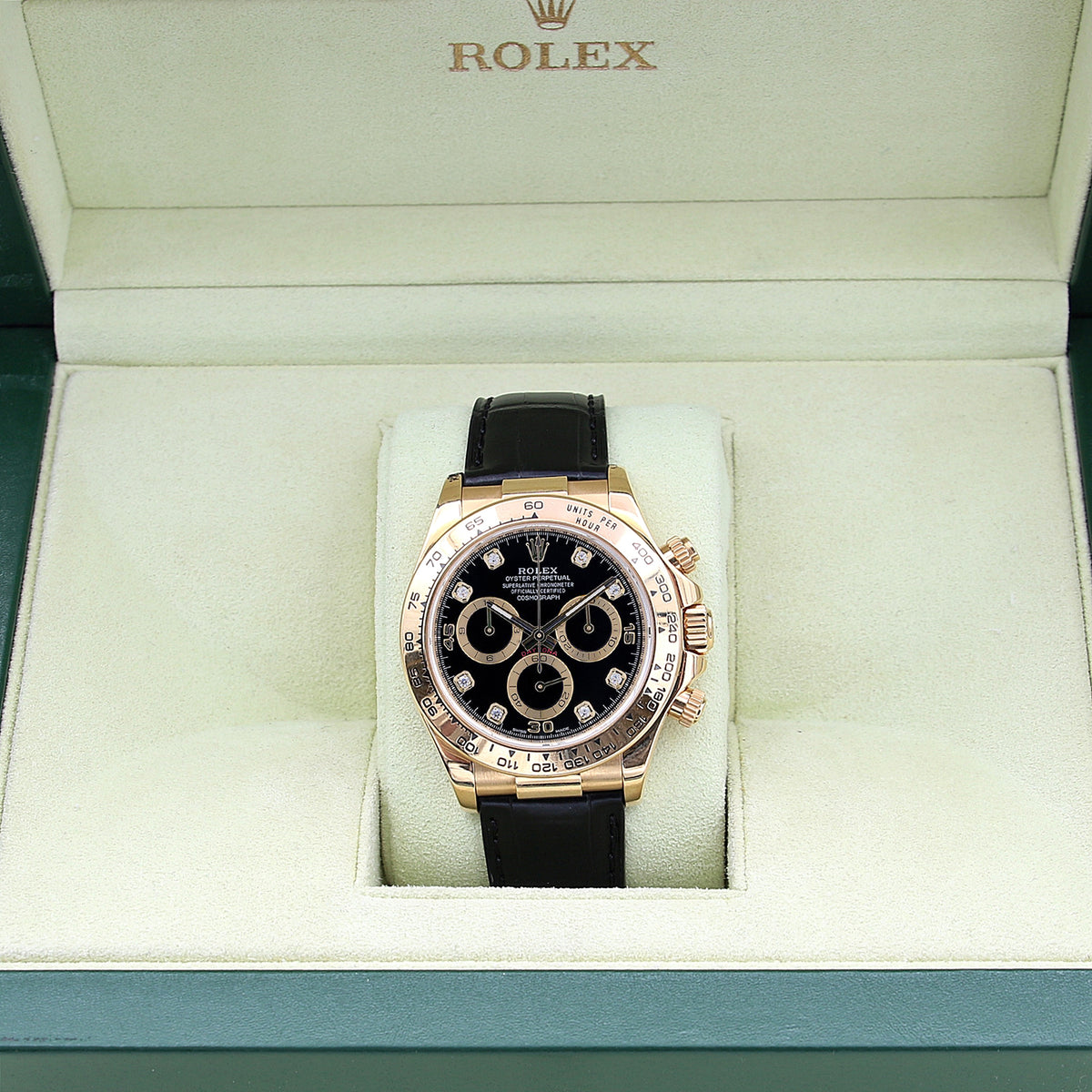 Rolex Daytona 116518 Leather Strap - Black dial with diamonds