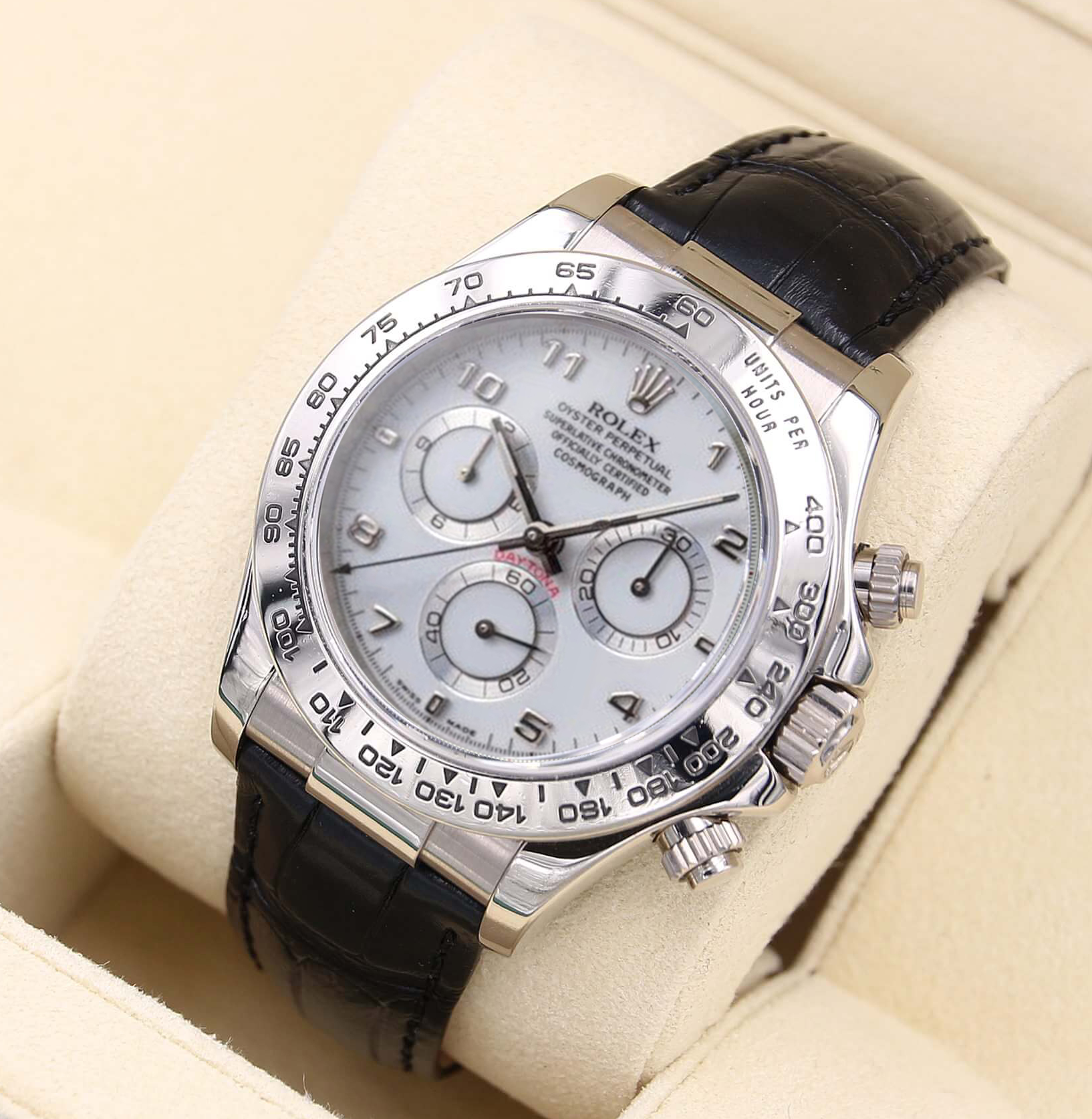 Rolex Daytona ref. 116519 White Arabic Dial - White Gold 18K - Leather Strap