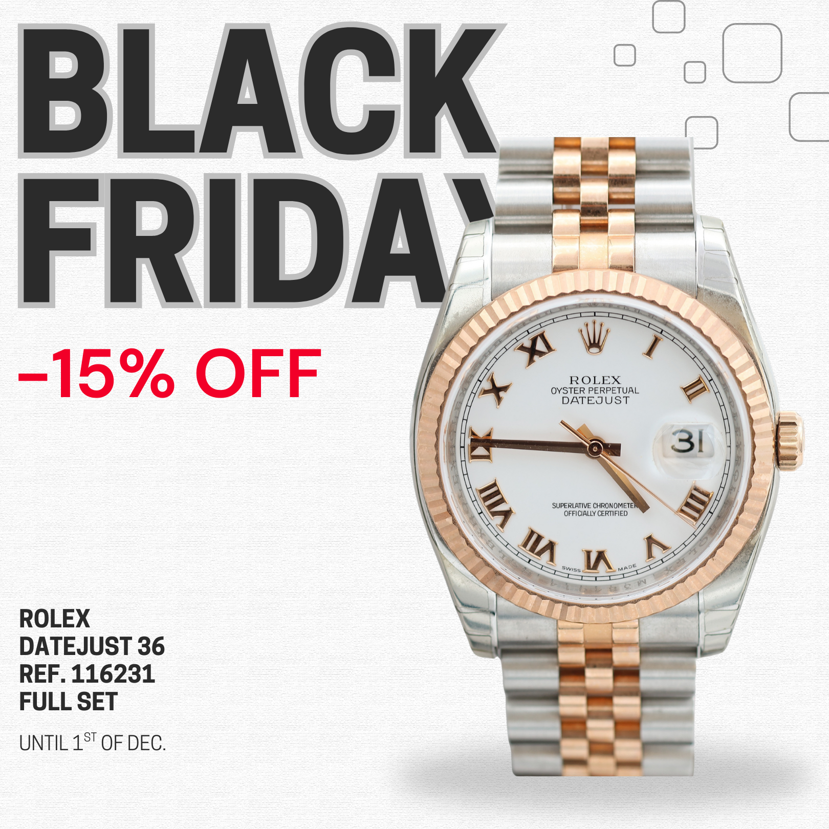 ON SALE: Rolex Datejust 36 ref. 116231 White Roman Dial - Steel/Rose Gold Jubilee - Full Set