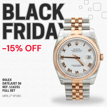 Załaduj obraz do przeglądarki galerii, ON SALE: Rolex Datejust 36 ref. 116231 White Roman Dial - Steel/Rose Gold Jubilee - Full Set
