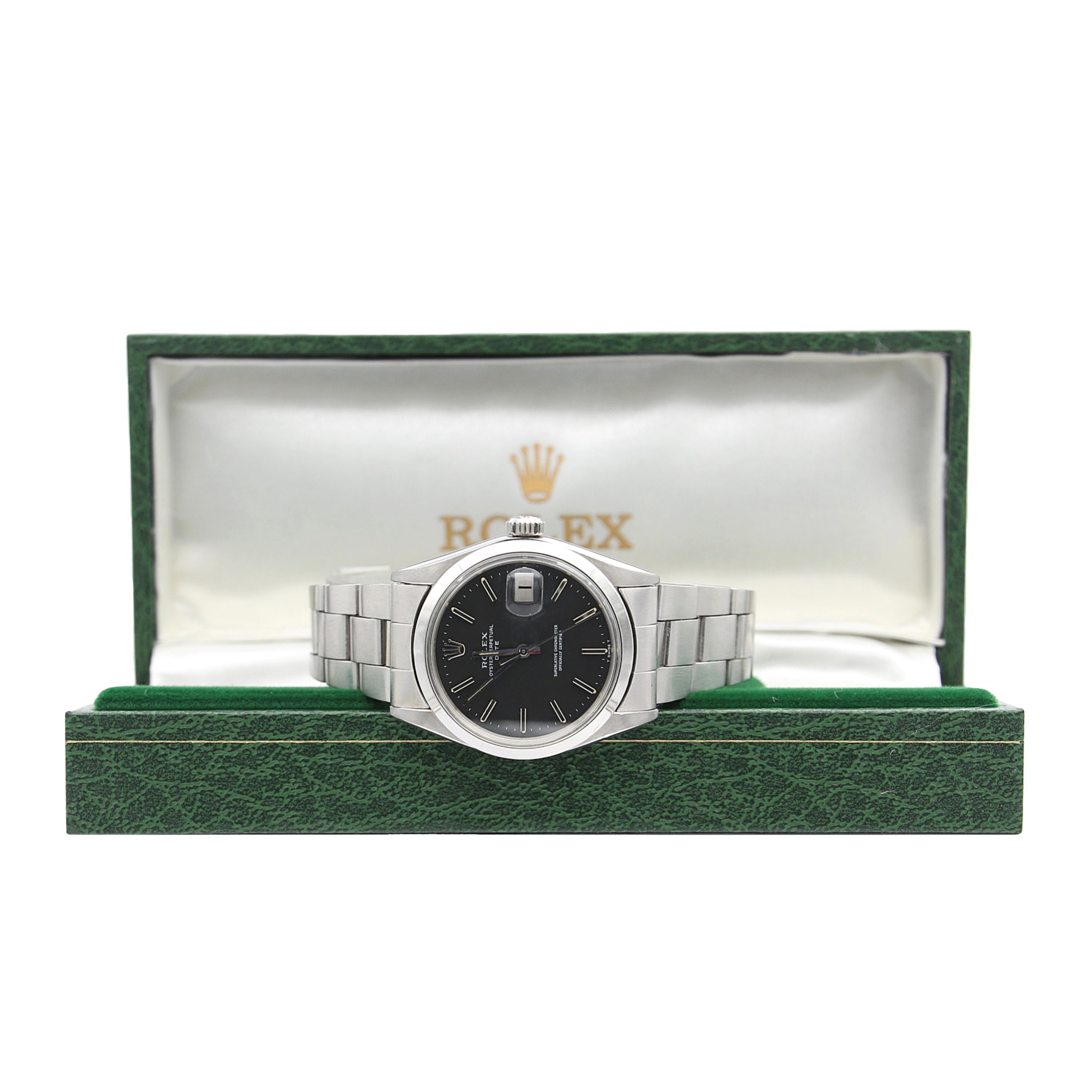 Rolex Oyster Perpetual Date ref. 1500 – Schwarzes Zifferblatt (V2) – Oyster-Armband