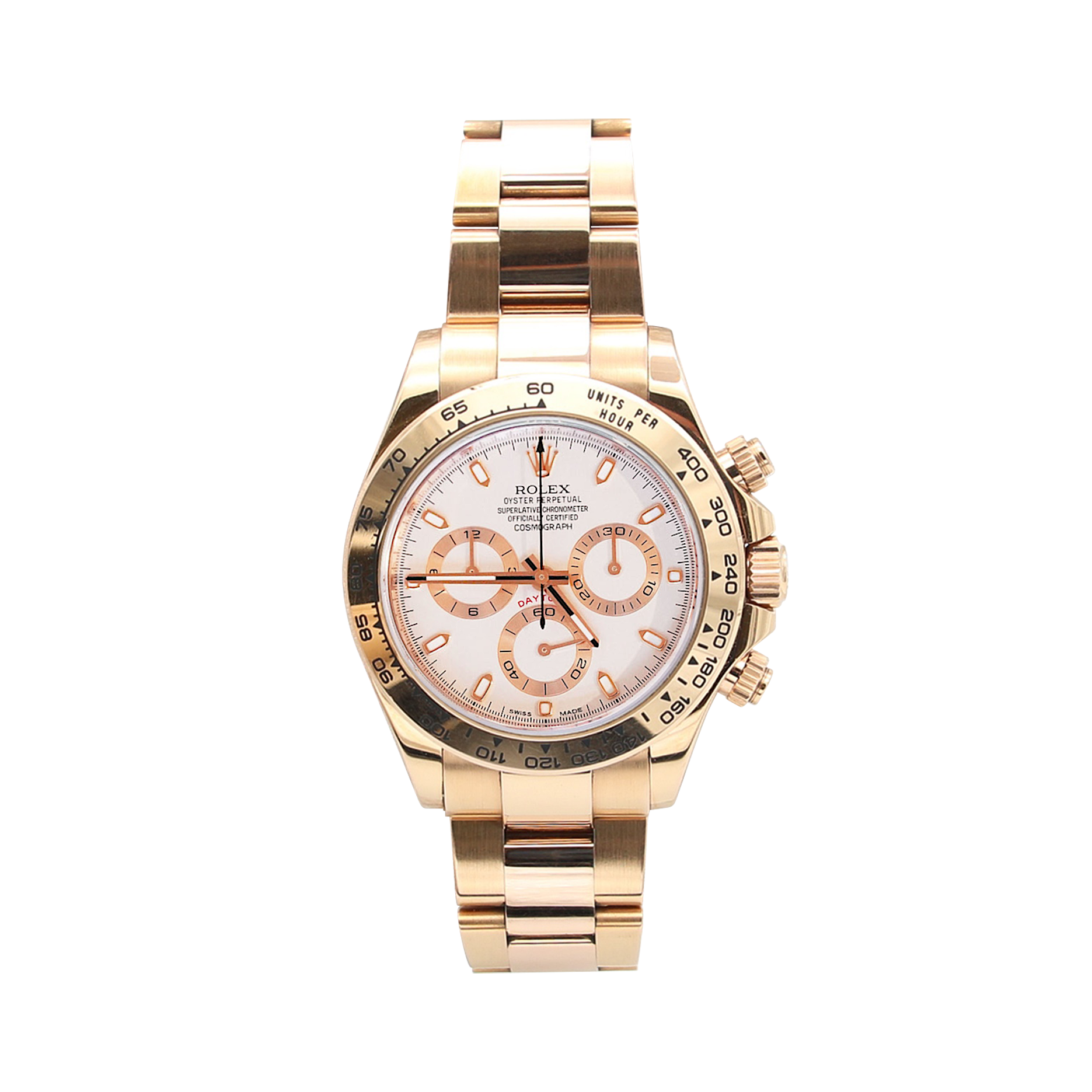 Rolex Daytona Ref. 116505 Roségold - Elfenbeinwahl mit goldenen Subdialen - Volles Set