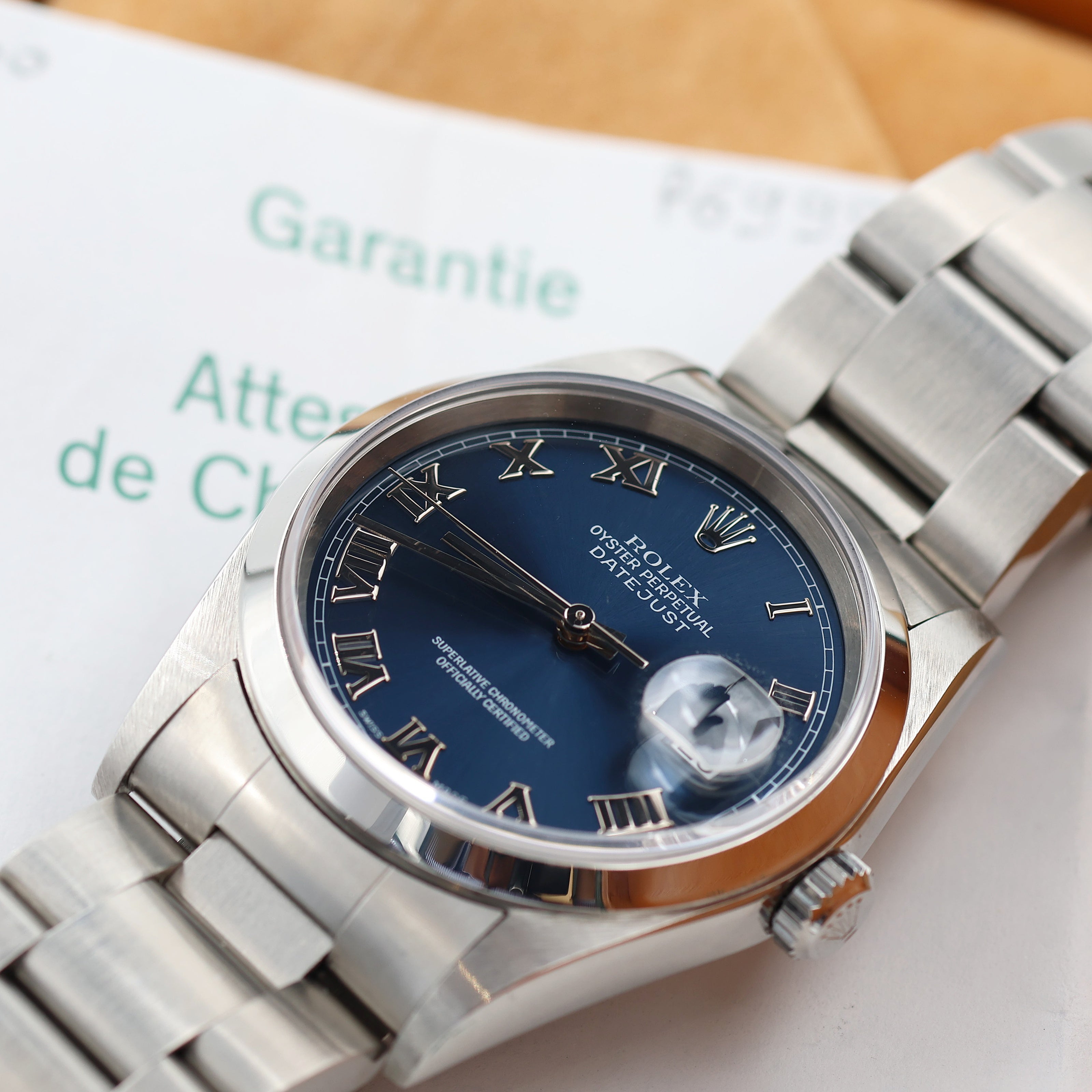 Rolex Datejust 36 ref. 16200 Blue Soleil Roman Dial Oyster Bracelet - Full Set