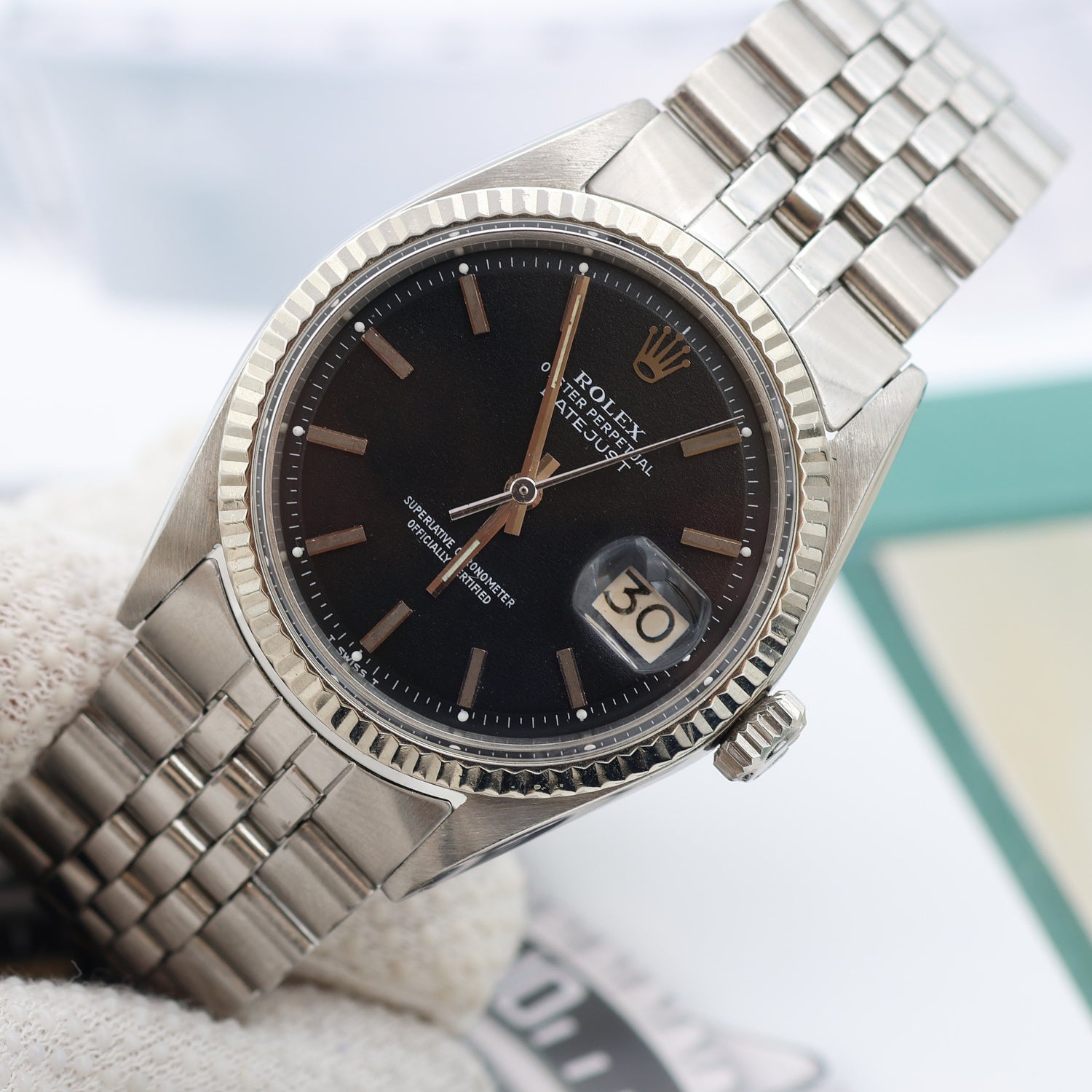 Rolex Datejust Ref. 1601 - Weißgoldwelle - Schwarzes Zifferblatt (V II) - Jubiläumsarmband