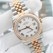 Załaduj obraz do przeglądarki galerii, ON SALE: Rolex Datejust 36 ref. 116231 White Roman Dial - Steel/Rose Gold Jubilee - Full Set
