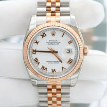 Załaduj obraz do przeglądarki galerii, ON SALE: Rolex Datejust 36 ref. 116231 White Roman Dial - Steel/Rose Gold Jubilee - Full Set
