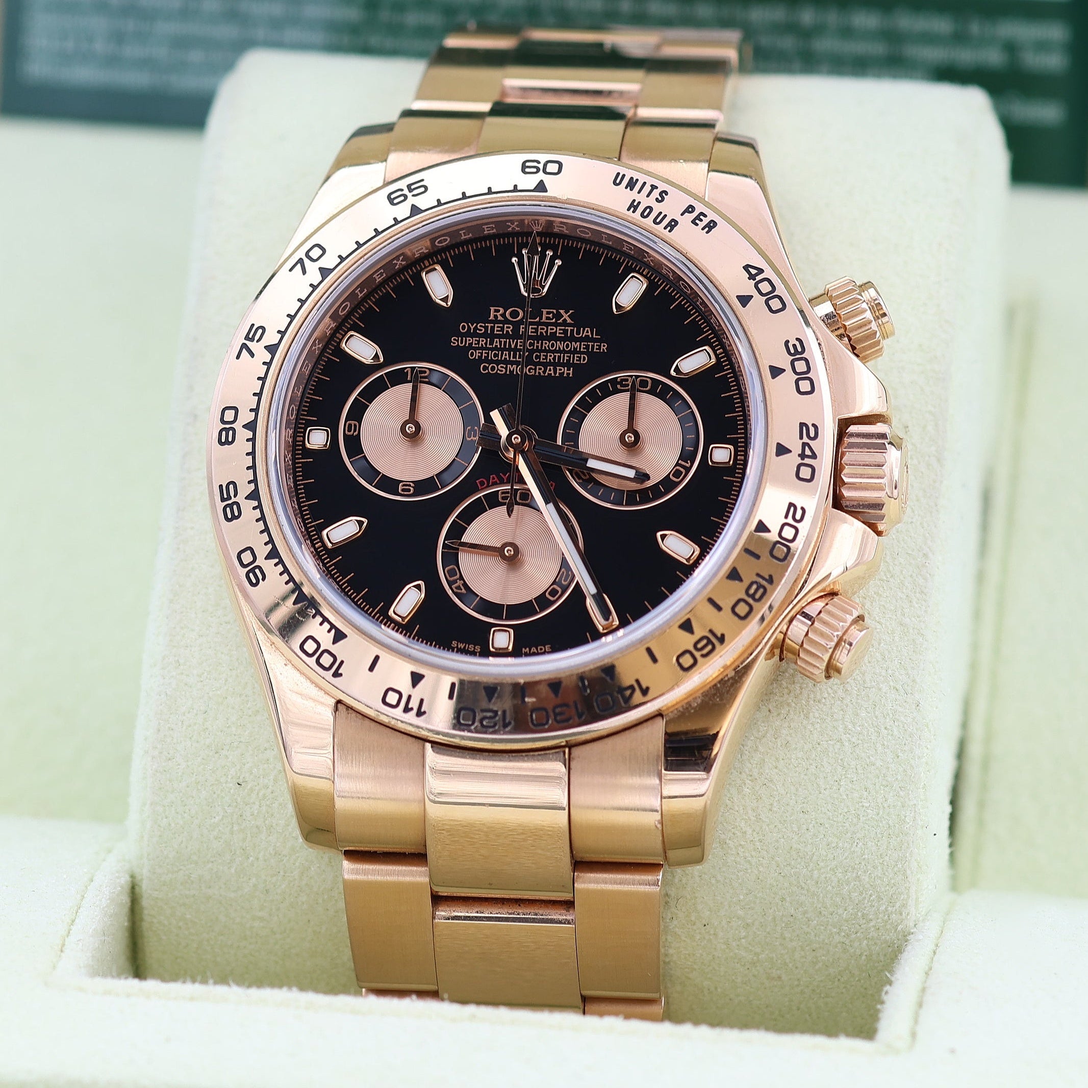 Rolex Daytona ref. 116505 Rose Gold - Black dial with pink subdials - Full Set