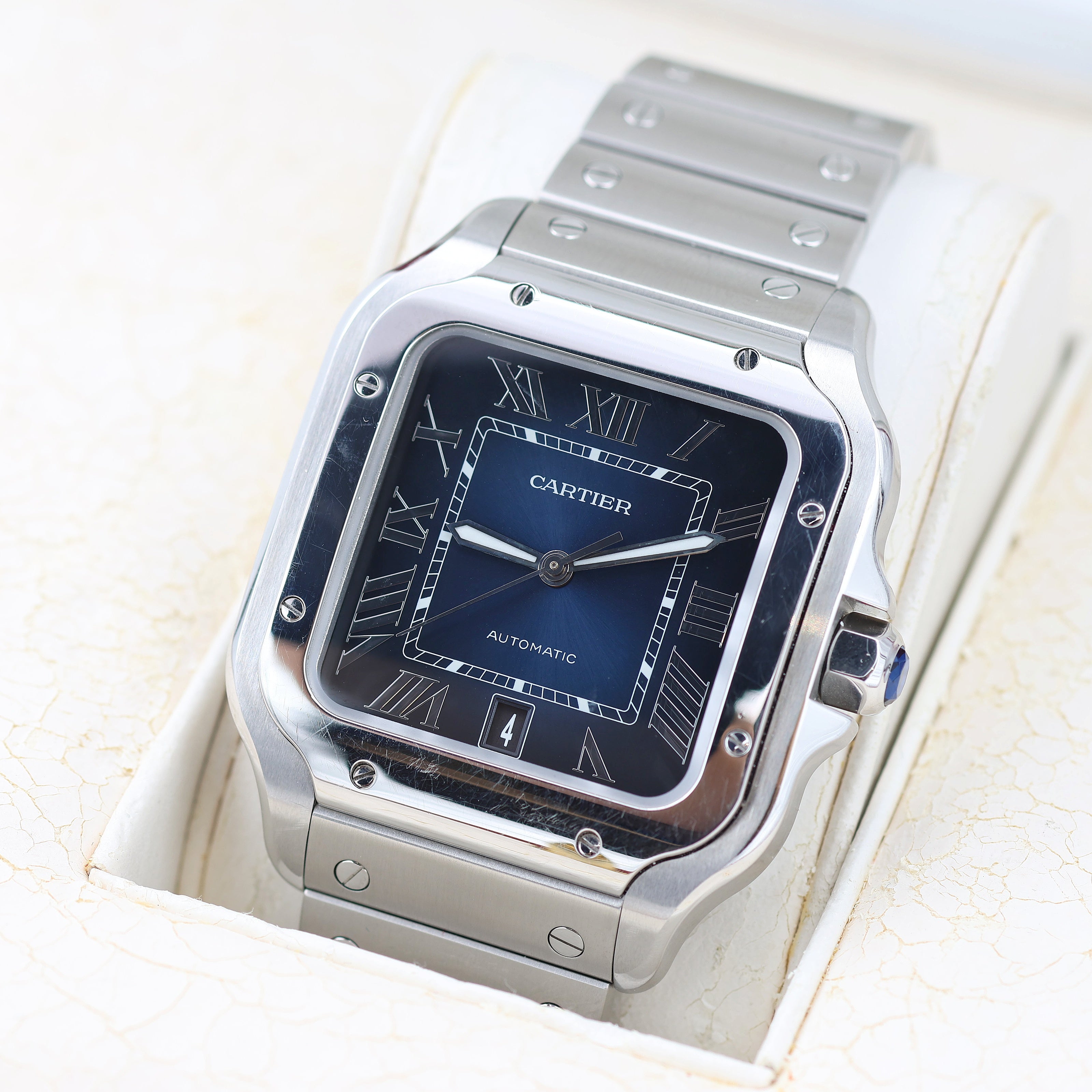 Cartier Santos blaues Zifferblatt ref. WSSA0030 – Vollständiger Satz