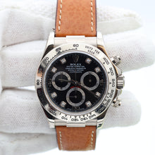 Załaduj obraz do przeglądarki galerii, Rolex Daytona ref. 116519 Black Dial with Diamonds - White Gold 18K - Leather Strap
