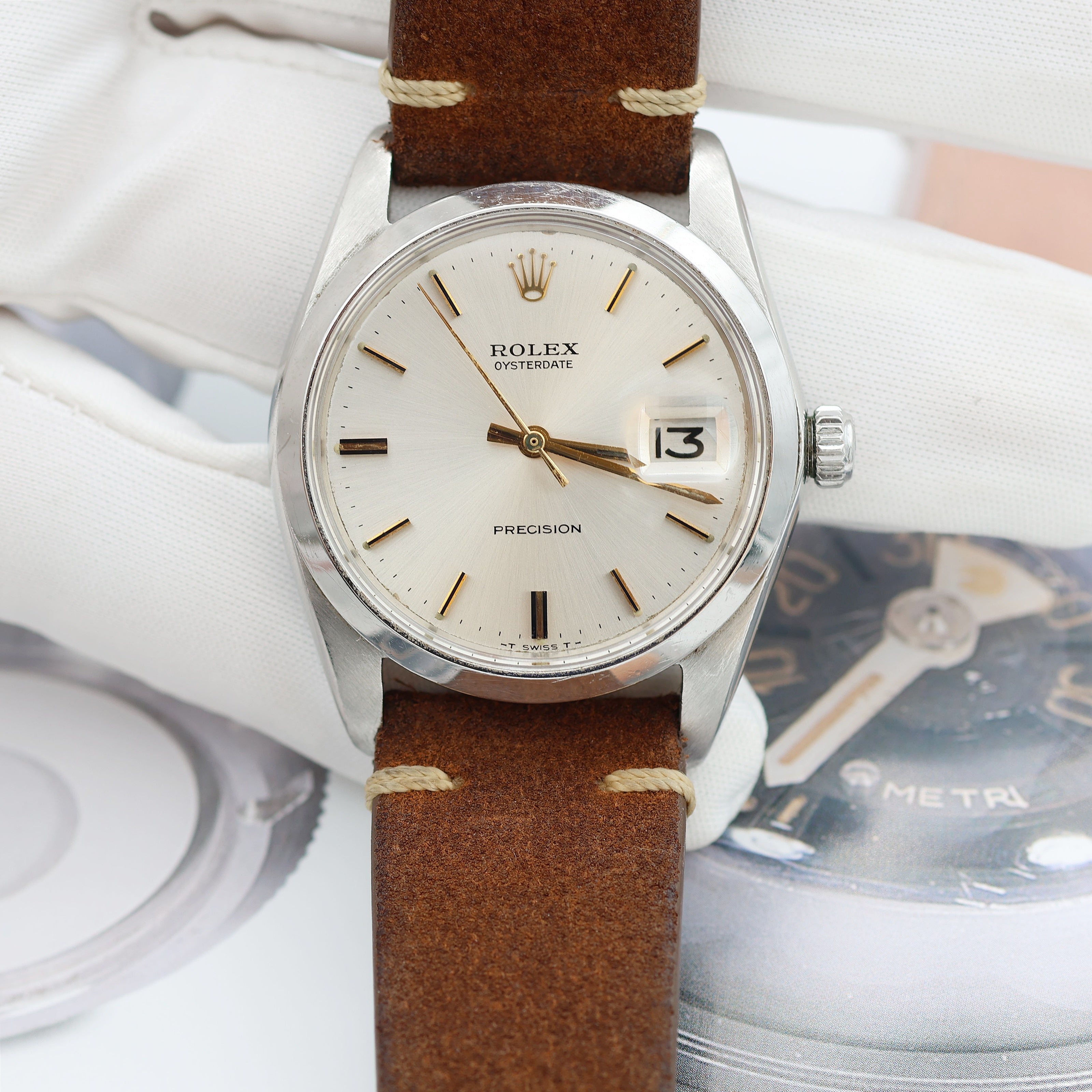 Rolex Precision ref. 6694 - Silver Dial with Golden Indexes (V2) - Leather Strap