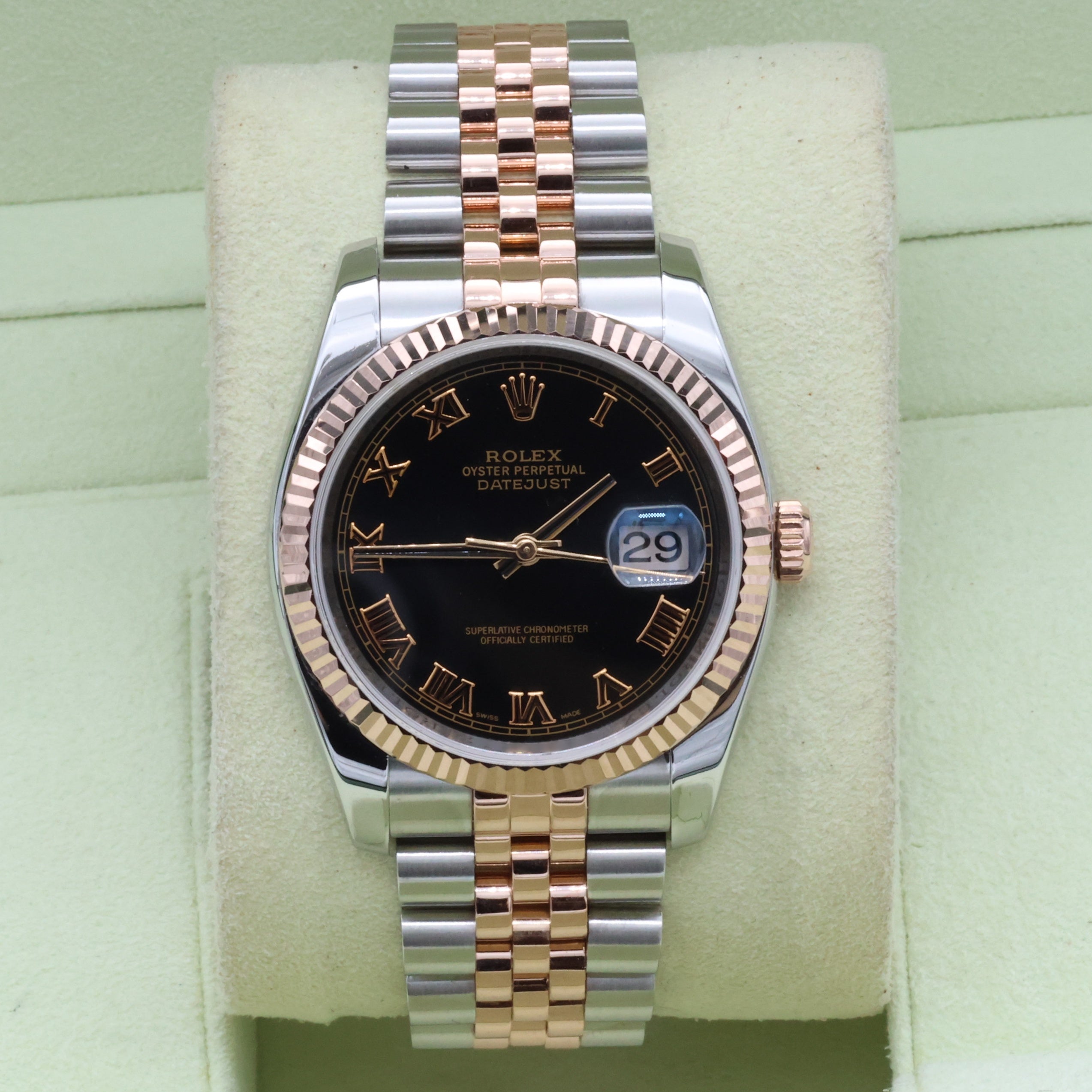 Rolex Datejust 36 ref. 116231 Black Roman Dial - Steel/Rose Gold Jubilee - Full Set
