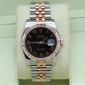 Rolex Datejust 36 ref. 116231 Black Roman Dial - Steel/Rose Gold Jubilee - Full Set
