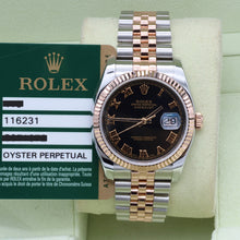 Załaduj obraz do przeglądarki galerii, Rolex Datejust 36 ref. 116231 Black Roman Dial - Steel/Rose Gold Jubilee - Full Set
