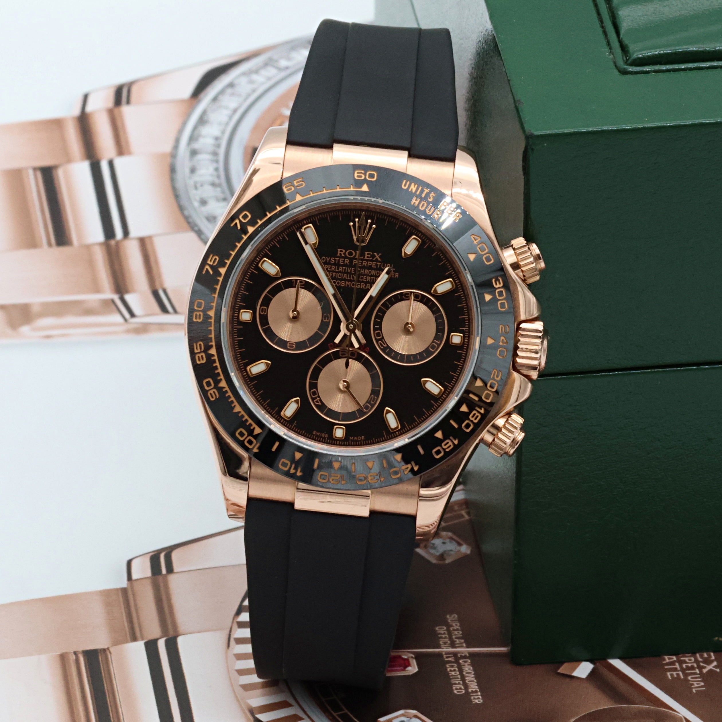 Rolex Daytona ref. 116515 Black dial with pink subdials - Rubber-B strap - Full Set