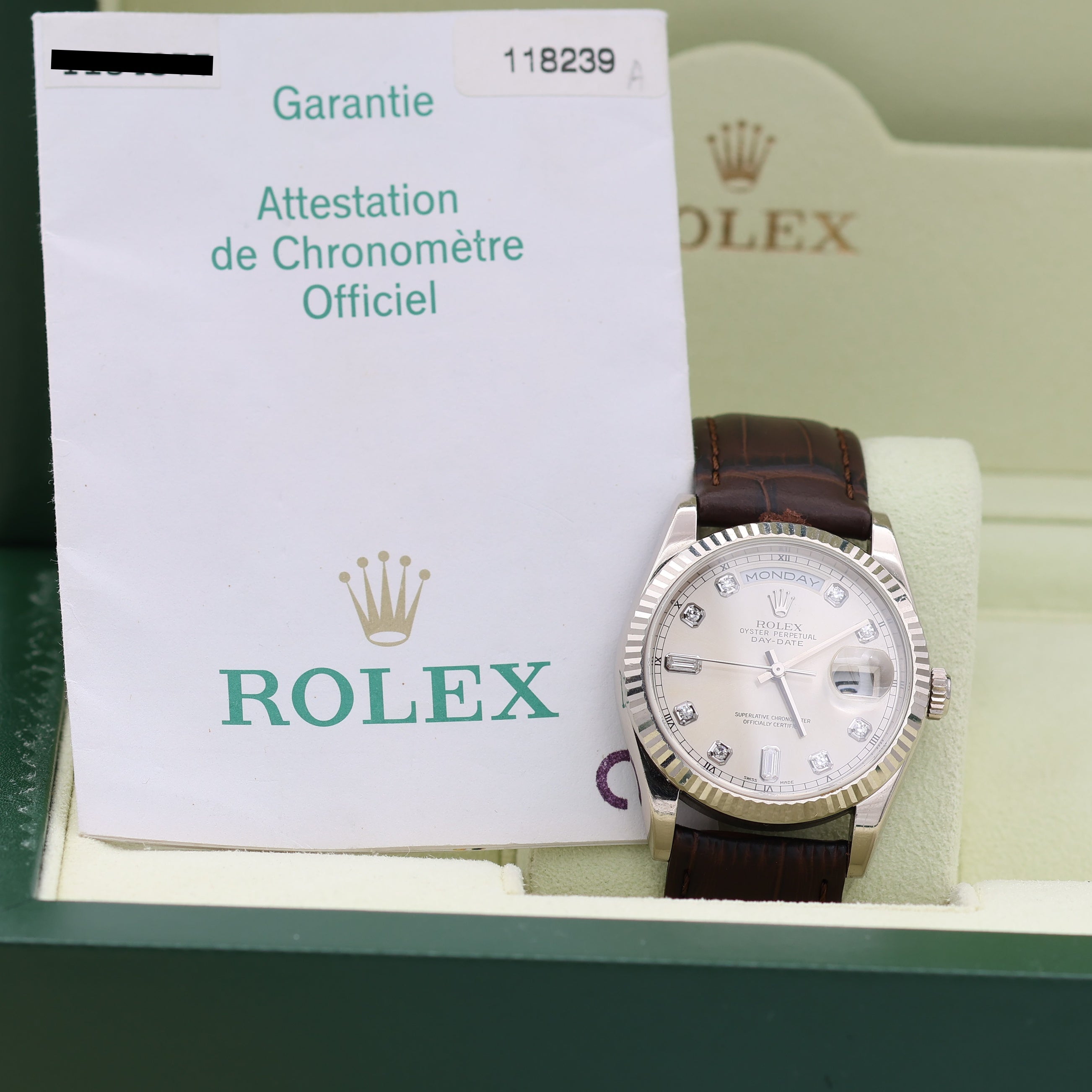 Rolex Day-Date 36 ref. 118239 Diamonds dial - Leather - Full Set