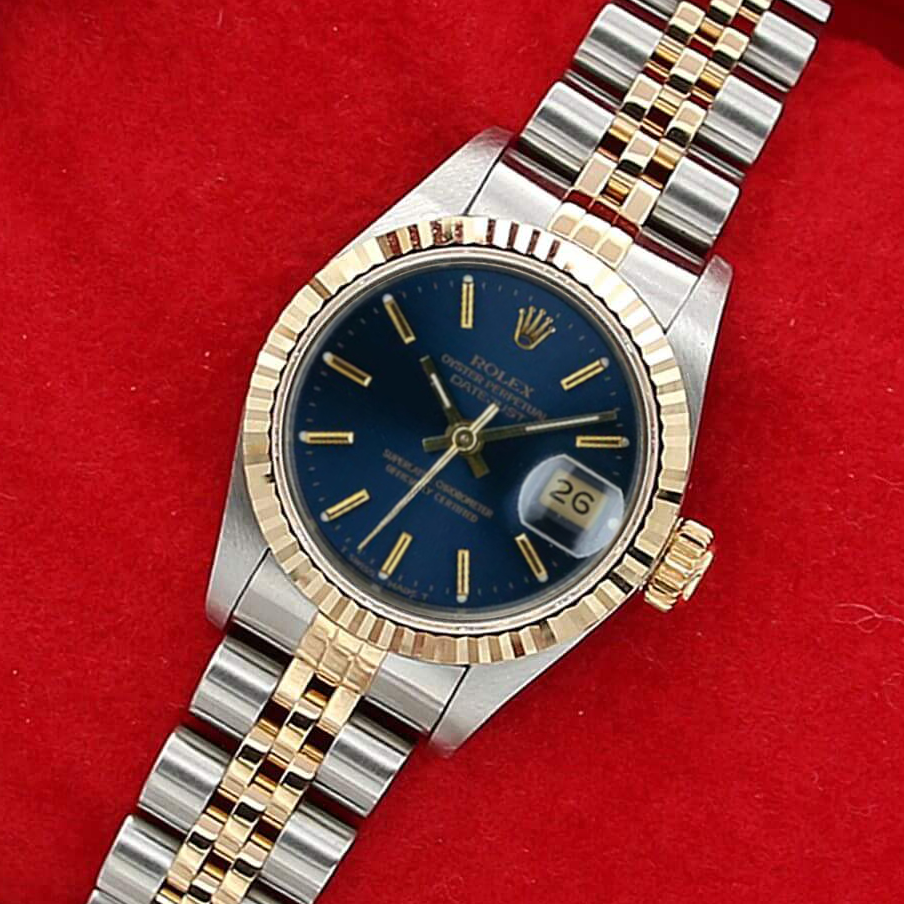 Rolex Datejust Lady ref. 69173 Stahl/Gold – Jubiläumsarmband – blaues Soleil-Zifferblatt – komplettes Set