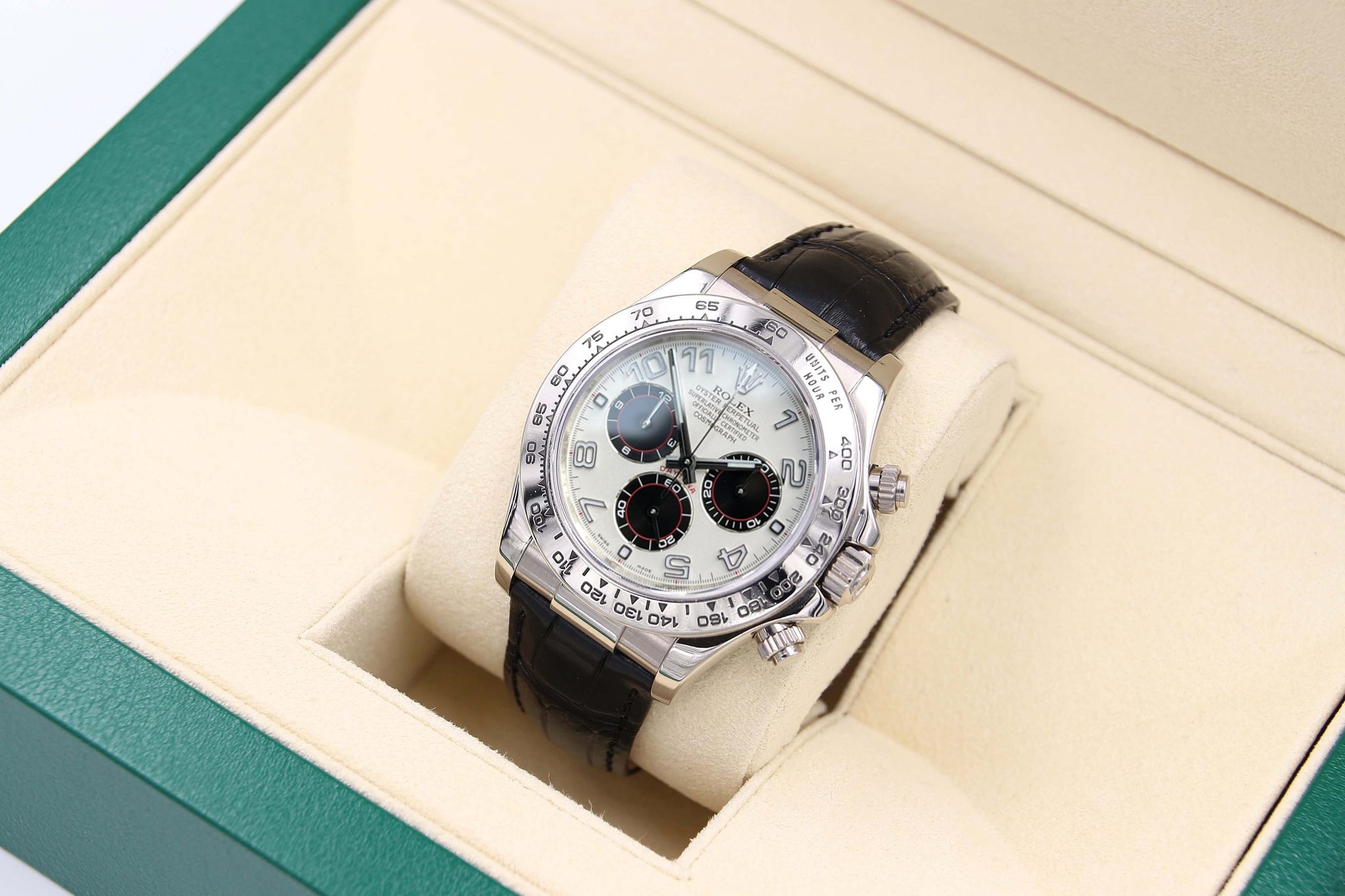 〇 純正 ROLEX Daytona 116519 クロコダイルレザーベルト 116519 used black index Rolex Daytona White Gold on Strap