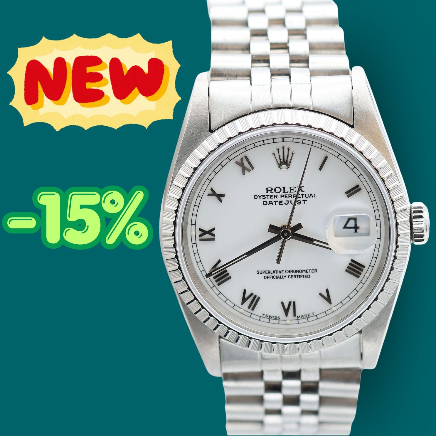 ON SALE: Rolex Datejust ref. 16220 White Roman (Small) Dial - Jubilee Bracelet