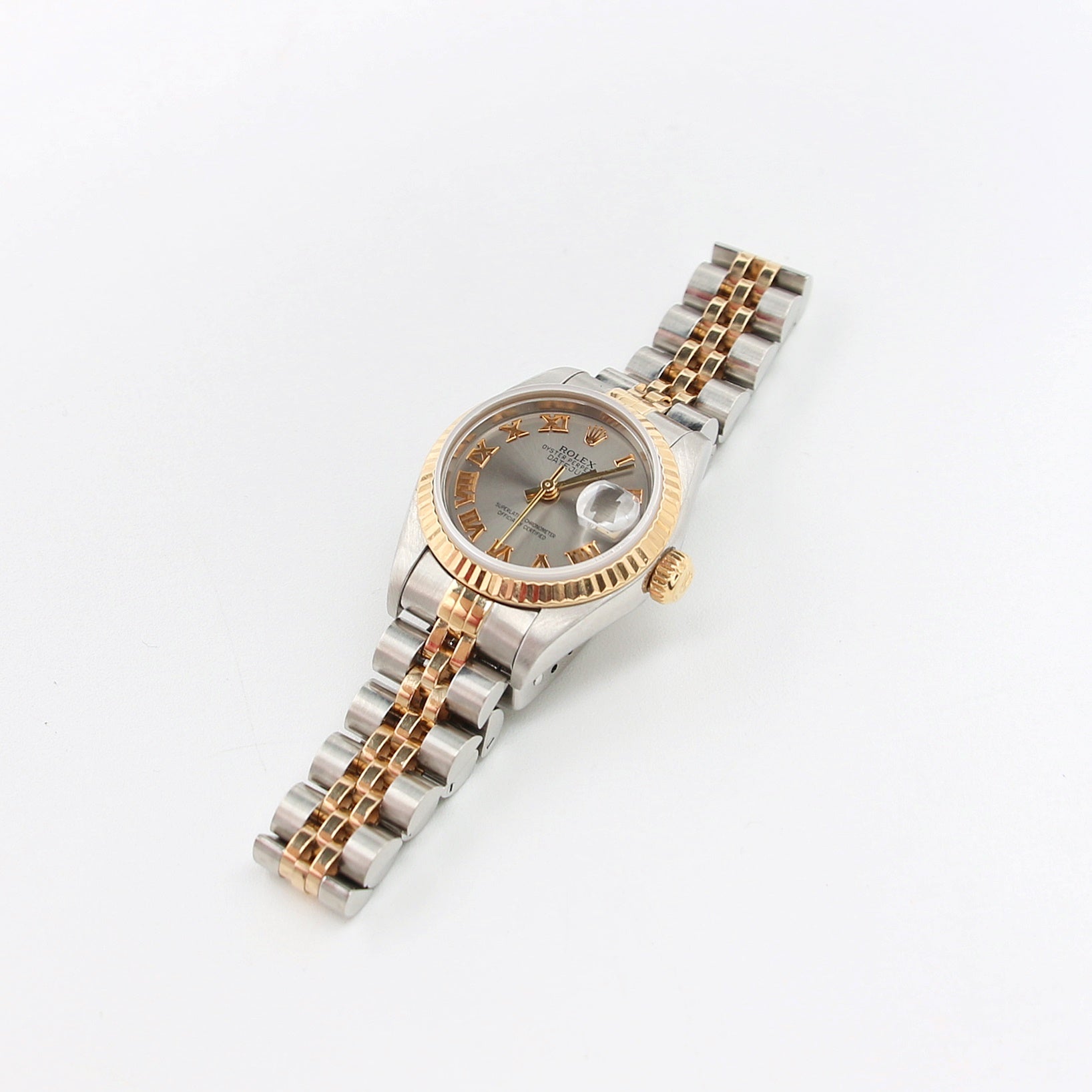 Rolex Datejust Lady ref. 69173 Stahl/Gold – Jubiläumsarmband – Silbernes Zifferblatt mit goldenen Indizes – Komplettset