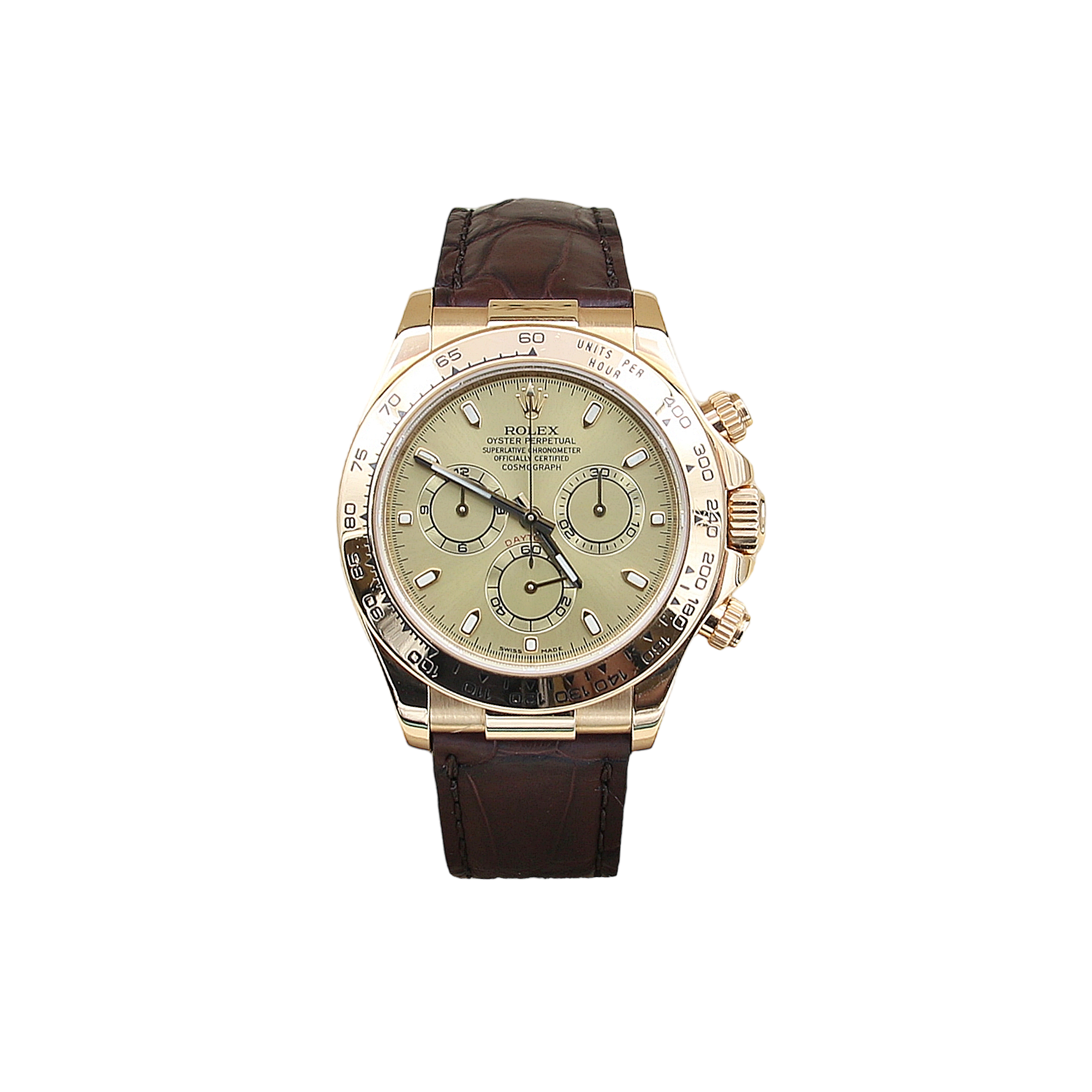 Rolex Daytona ref. 116518 18k Yellow Gold and Leather Strap Champagne dial with gold subdials Full Set