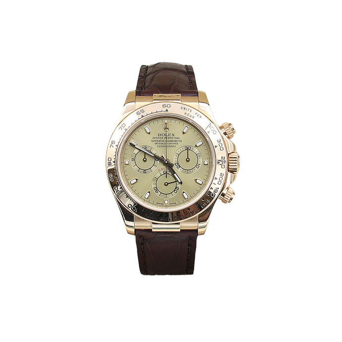 Rolex Daytona Ref. 116518 - 18k Gelbgold und Lederband - Champagner -Zifferblatt mit goldenen Subdialen - Voller Set