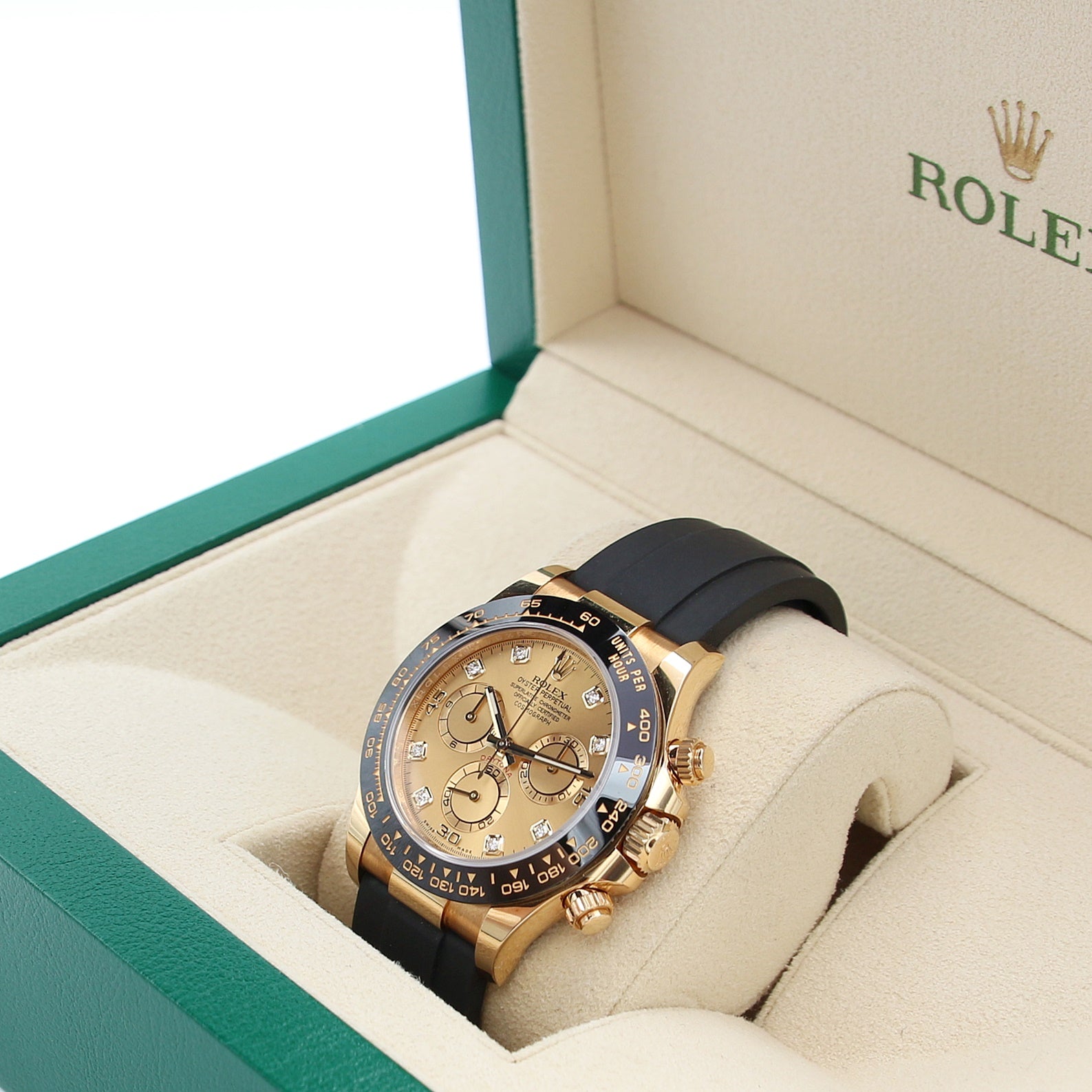 Rolex Daytona ref. 116518 – Armband aus 18 Karat Gelbgold und Leder – Champagnerfarbenes Zifferblatt mit goldenen Hilfszifferblättern – komplettes Set