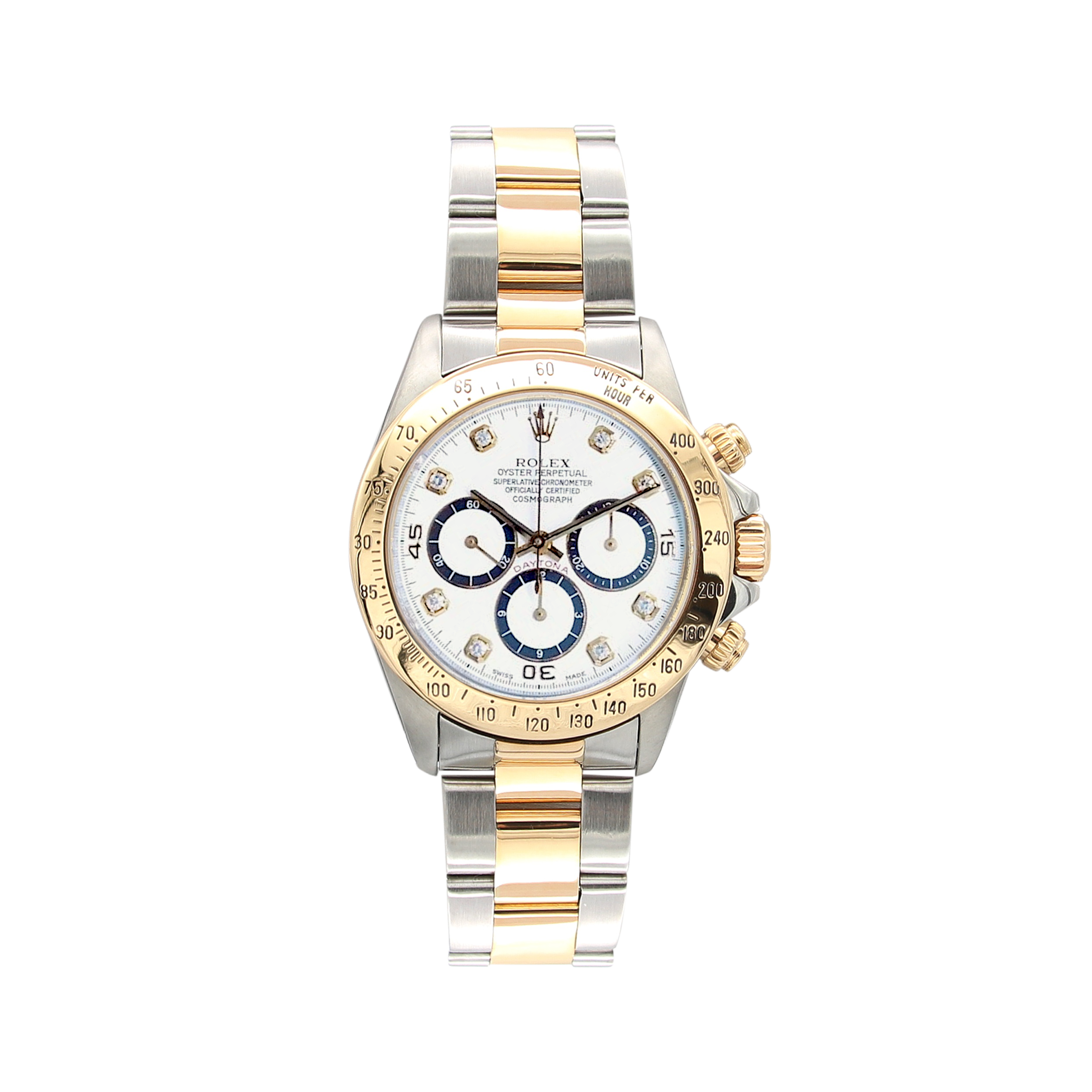 Rolex Daytona ref. 16523 Champagnerfarbenes Zifferblatt aus Stahl und Gold mit Oyster-Armband mit Diamanten – komplettes Set