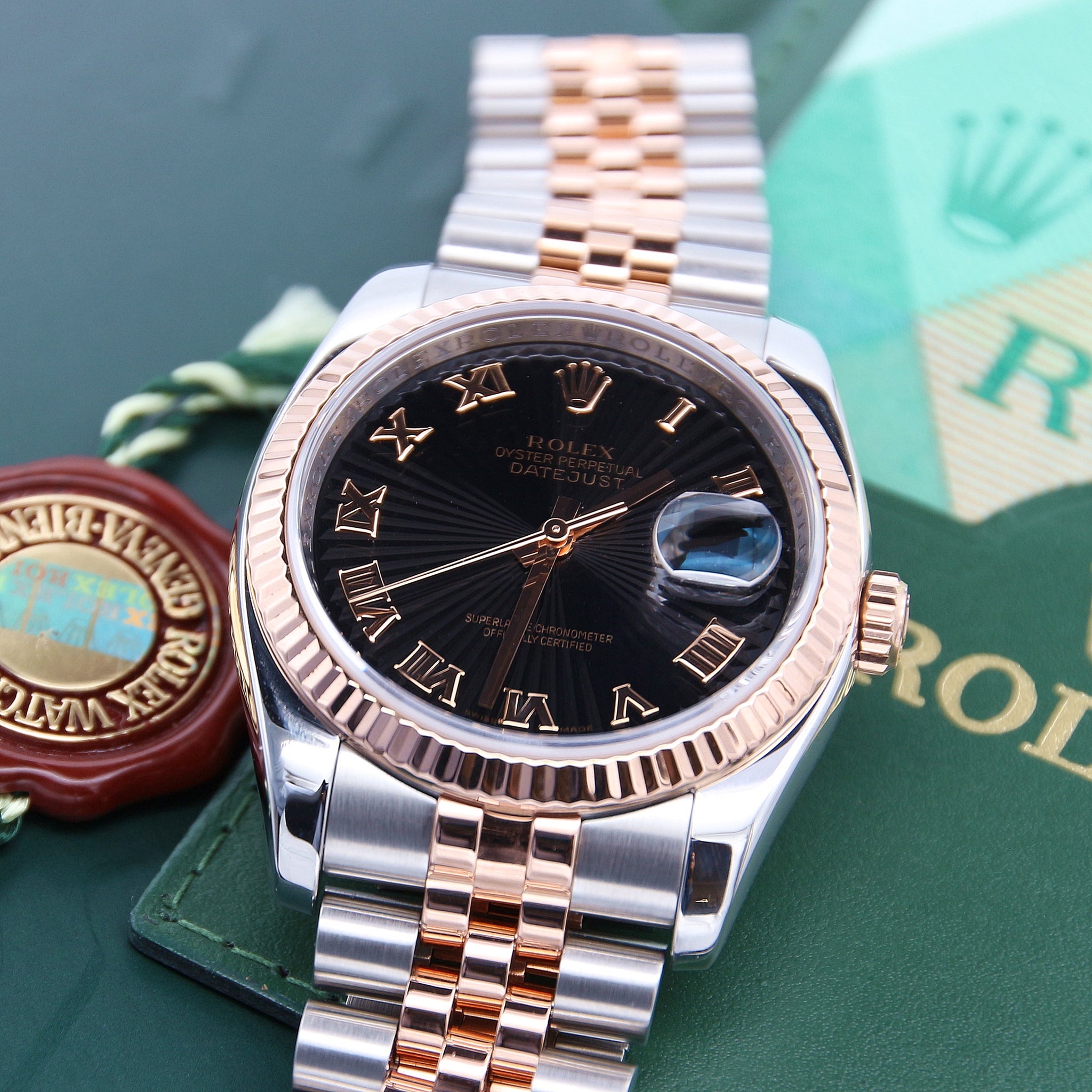 Rolex 116231 DateJust Black Roman Dial Jubilee Stainless Steel and Rose Gold  36mm - Luxury Watches USA