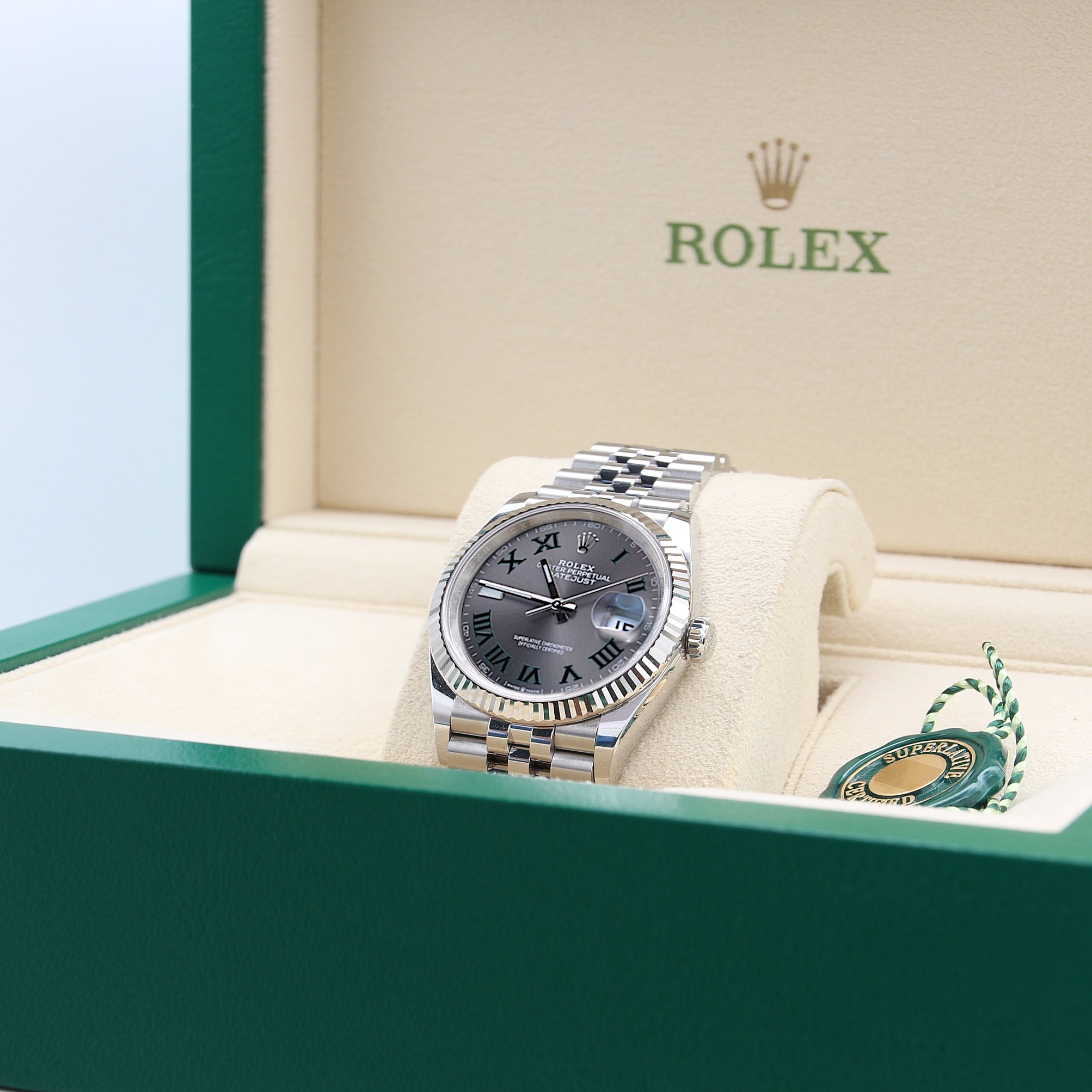 Rolex Datejust ref. 126234 Wimbledon-Zifferblatt-Jubiläumsarmband – komplettes Set