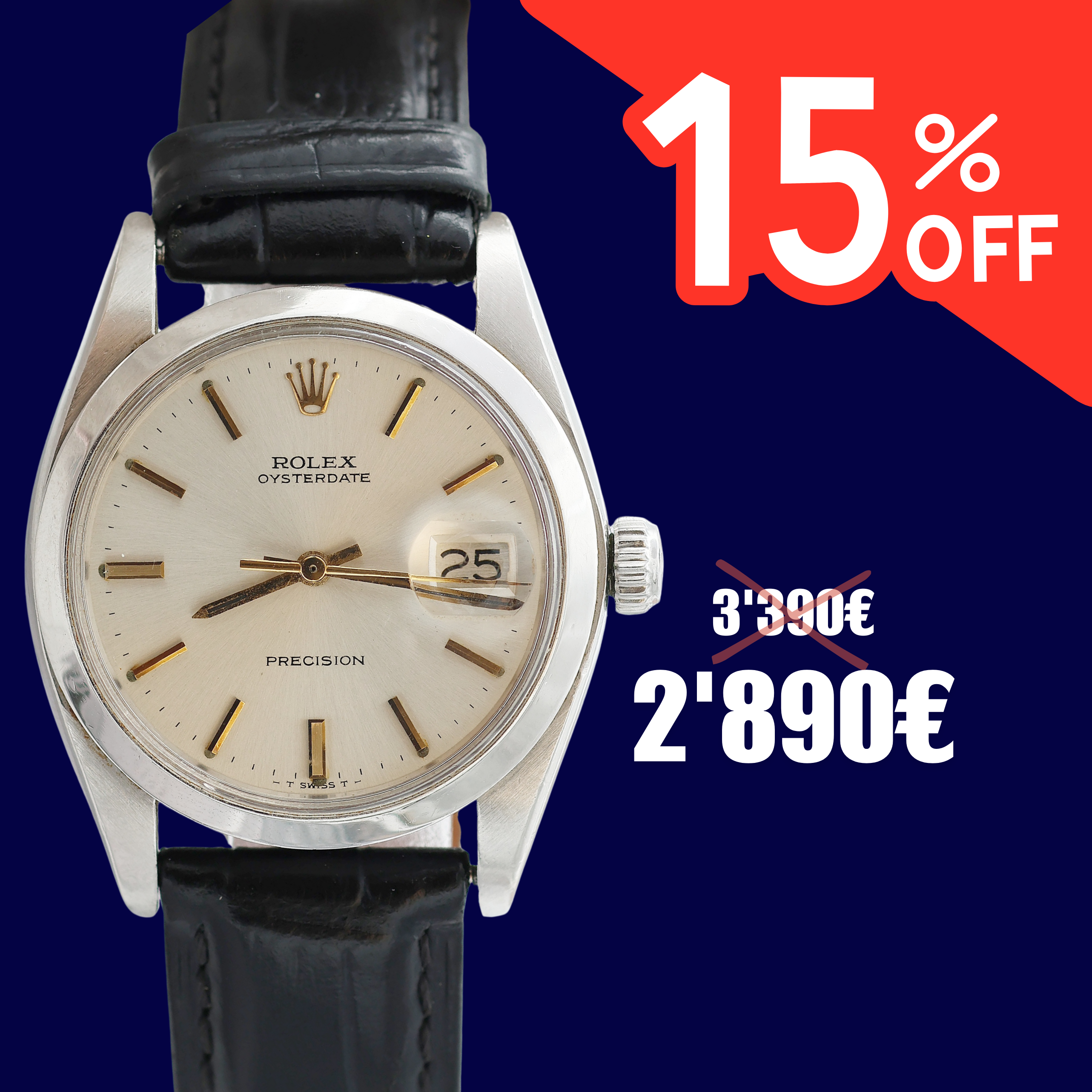 ON SALE: Rolex Precision ref. 6694 - Silver Dial with Golden Indexes - Leather Strap