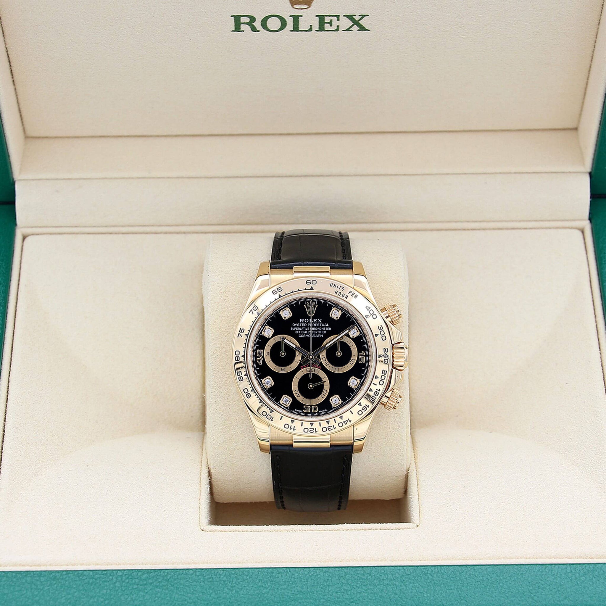 Rolex Daytona 116518 Leather Strap - Black dial with diamonds