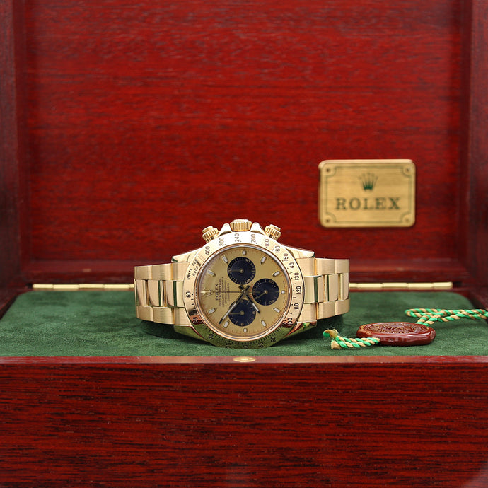 Rolex Daytona Ref. 116528 - 18k Gelbgold Champagner -Zifferblatt mit schwarzen Subdialen - Voller Set