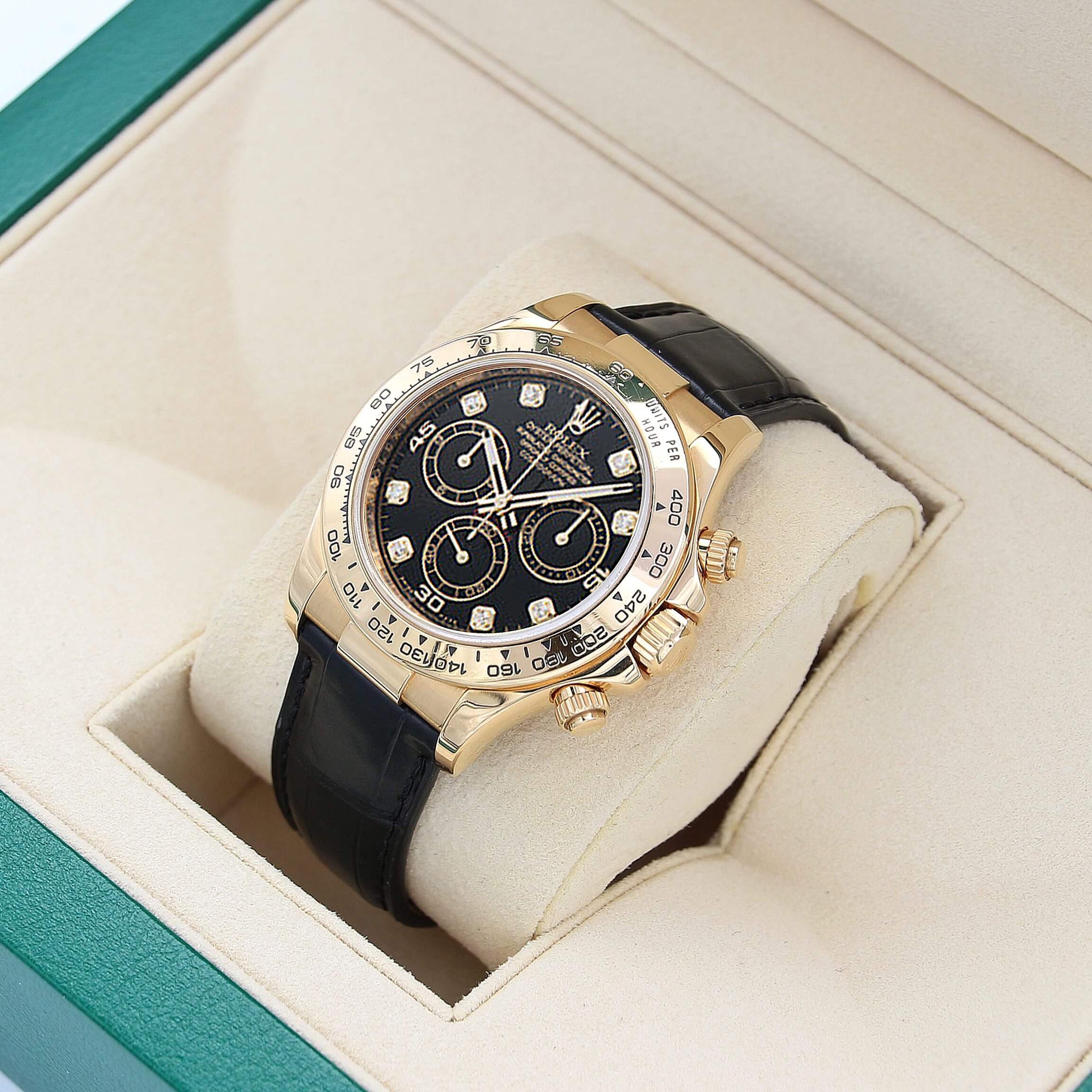 Rolex Daytona 116518 Leather Strap - Black dial with diamonds