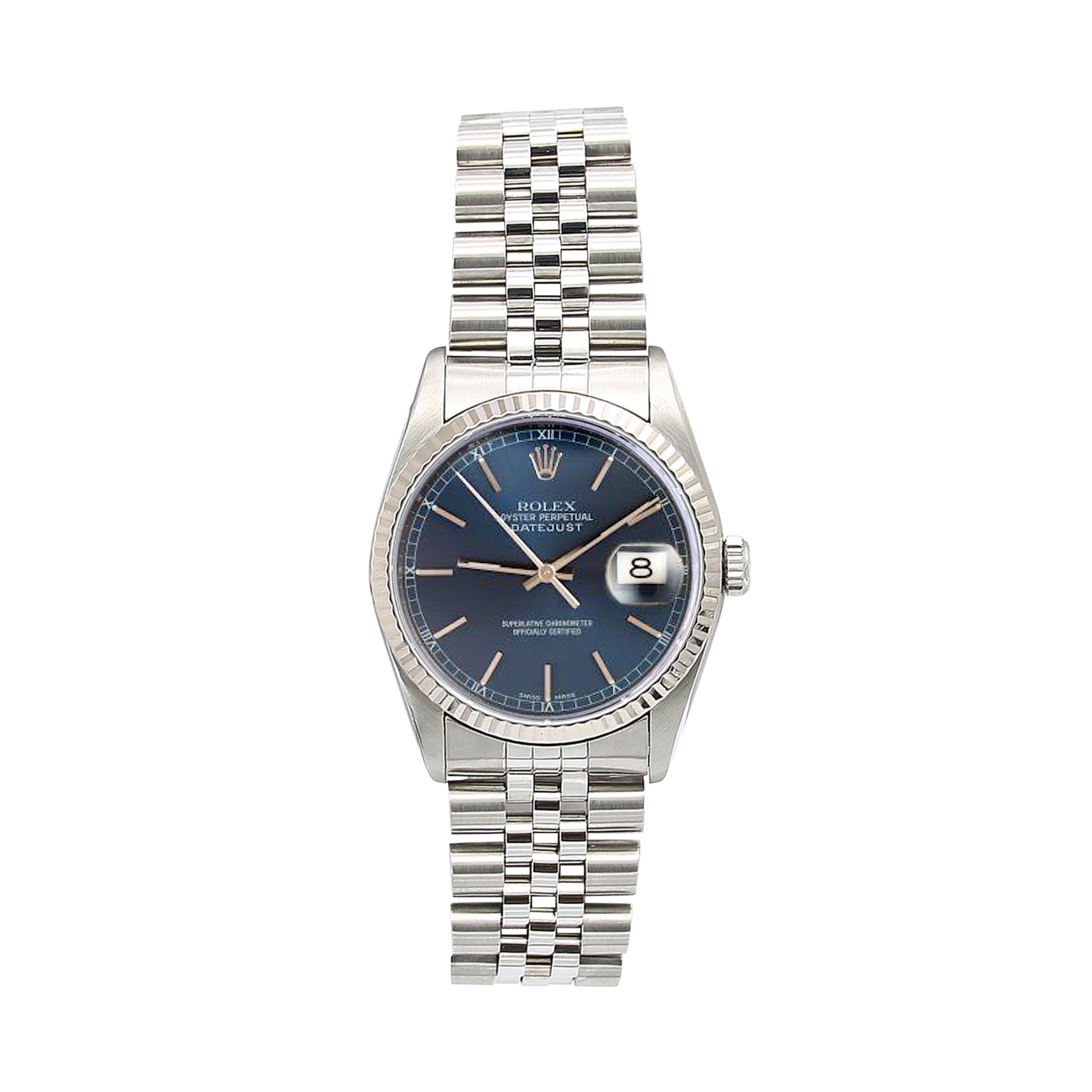 Rolex Datejust 36 ref. 16234 Blaues Soleil-Zifferblatt mit kreisförmigen Stunden – Komplettset