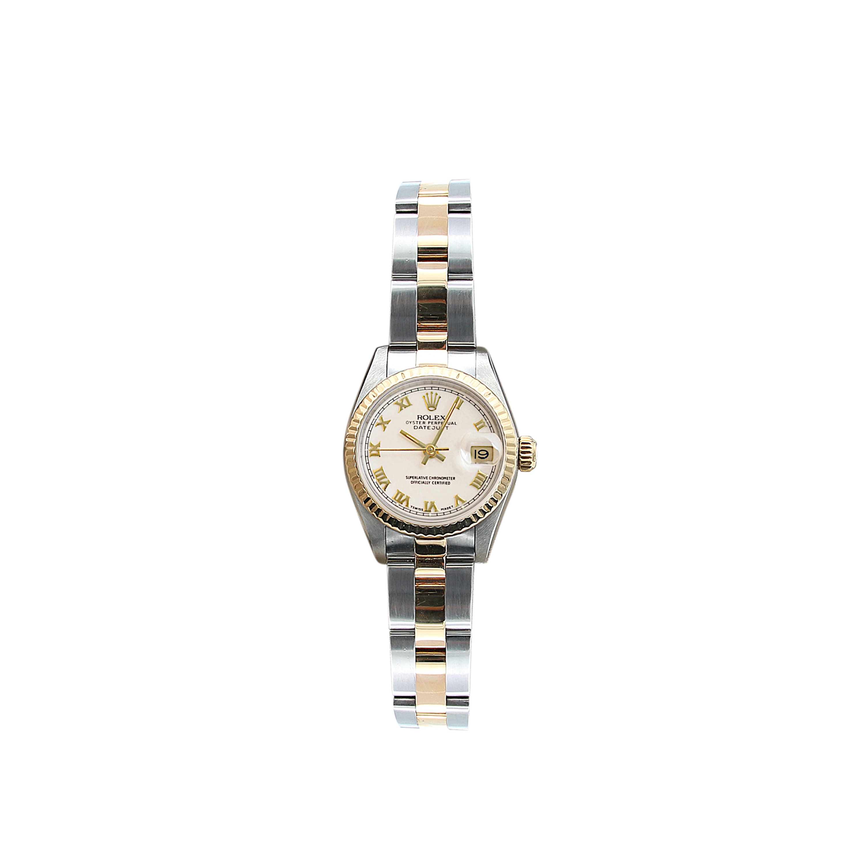 Rolex Datejust Lady ref. 69173 Stahl/Gold – Weißes Zifferblatt mit kleinen römischen Indizes – Oyster-Armband – komplettes Set