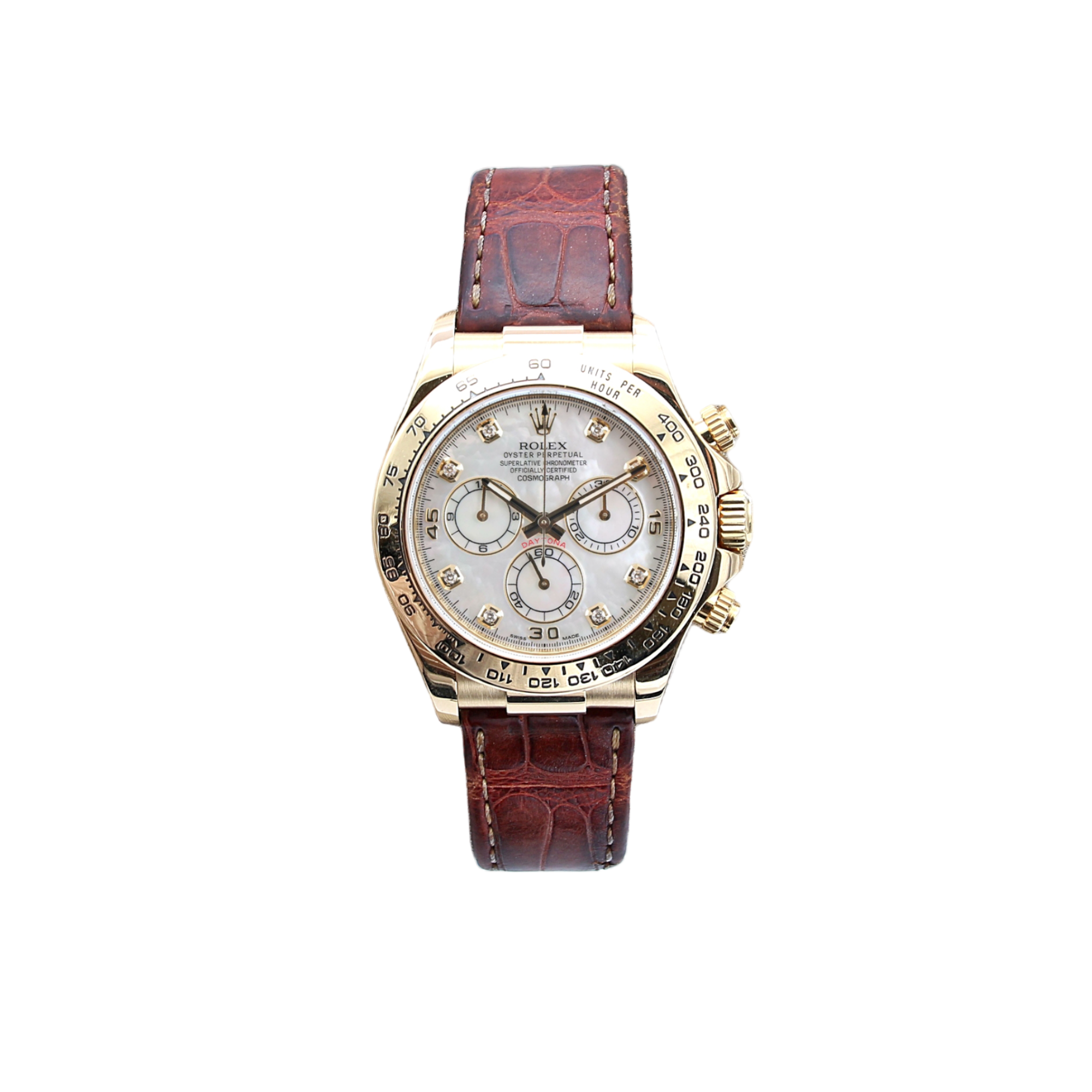 Rolex Daytona ref. 116518 -  18k Yellow Gold and Leather Strap - MOP Diamonds Dial - Full Set