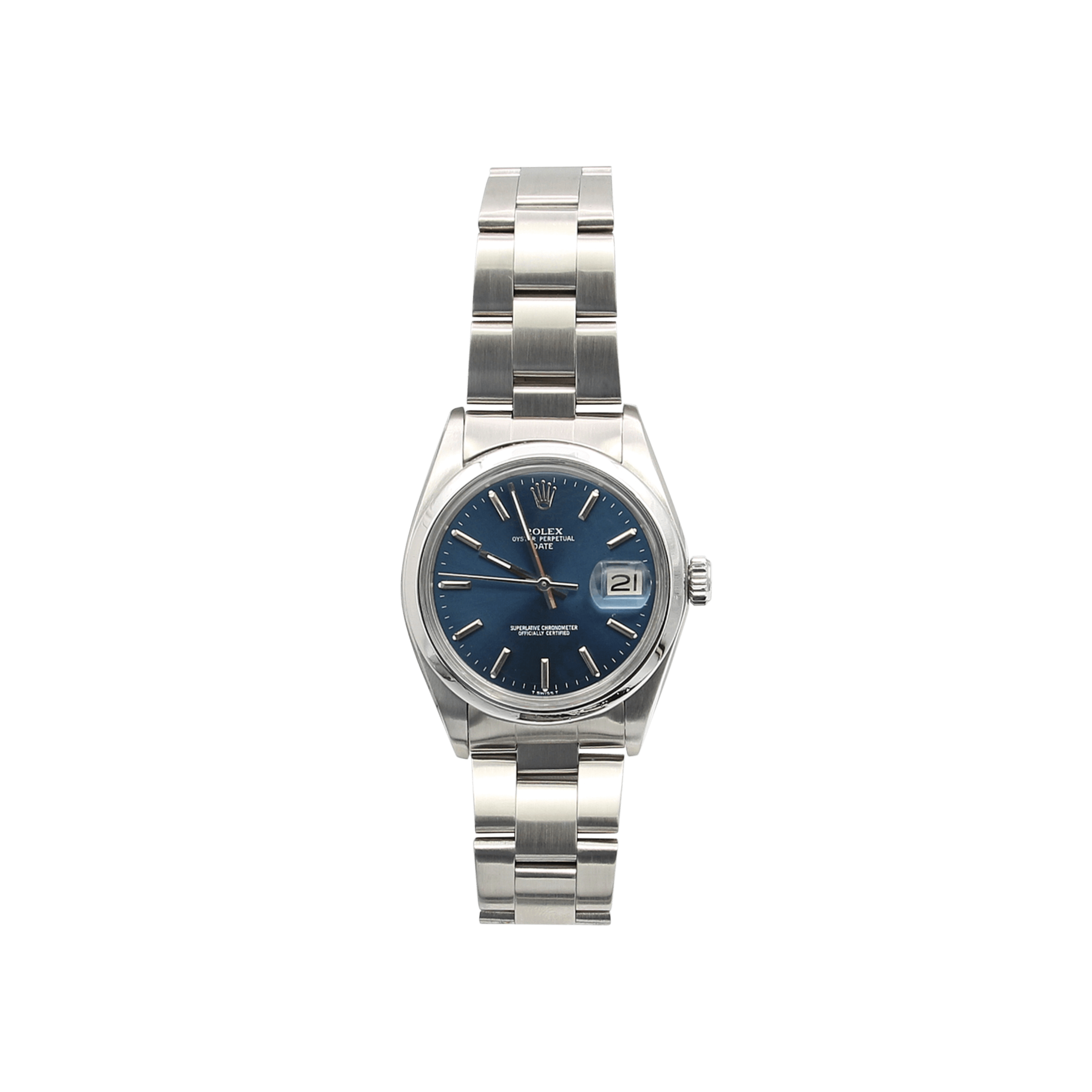 Rolex Oyster Perpetual Date ref. 1500 – Blaues Zifferblatt – Stahlarmband