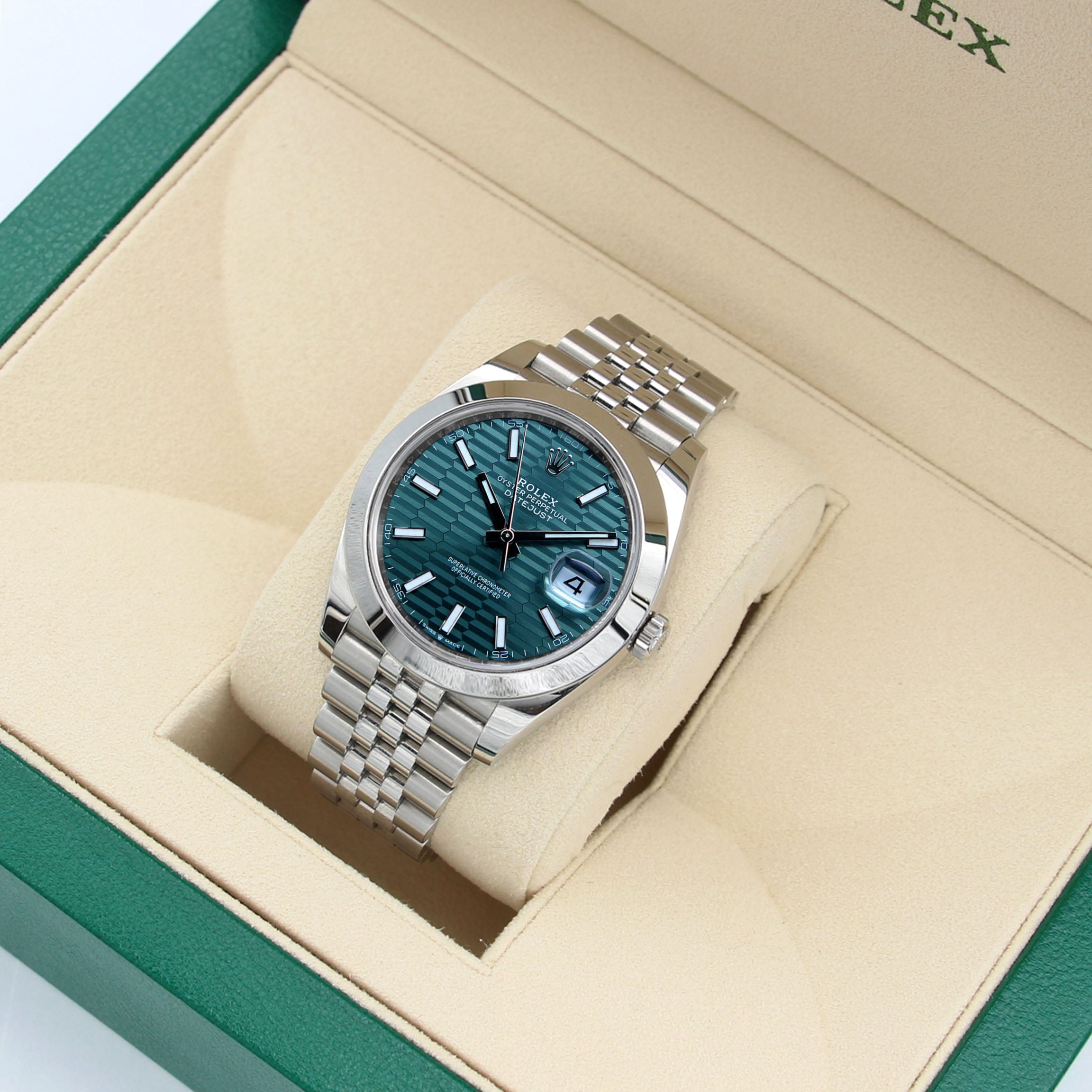 Rolex Datejust ref. 126300 Green Motif Dial Jubilee bracelet - Full Set