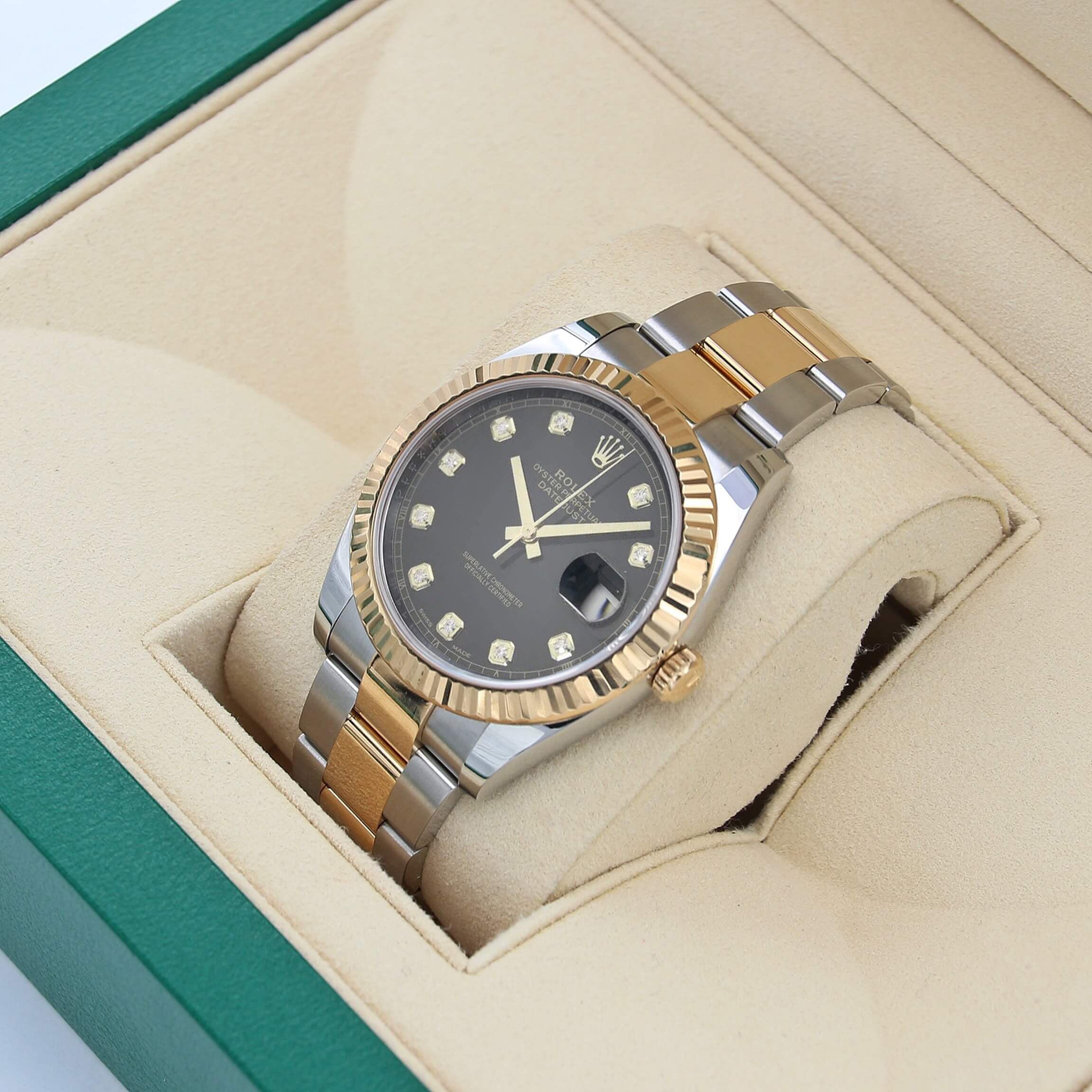 Rolex Datejust ref. 126333 Oyster-Armband mit schwarzem Diamant-Zifferblatt – komplettes Set