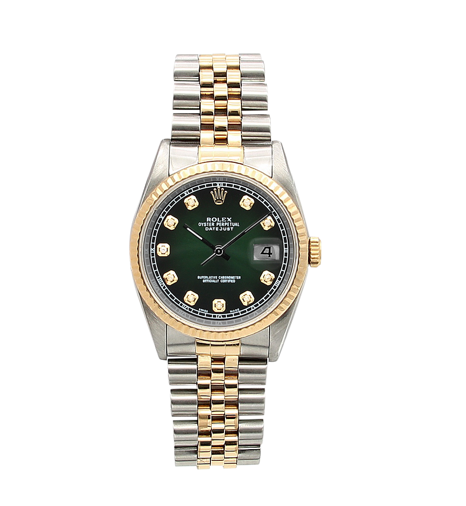 Rolex Datejust ref. 16233 Stahl/Gold – Zifferblatt in Degradee-Grün – Jubiläumsarmband