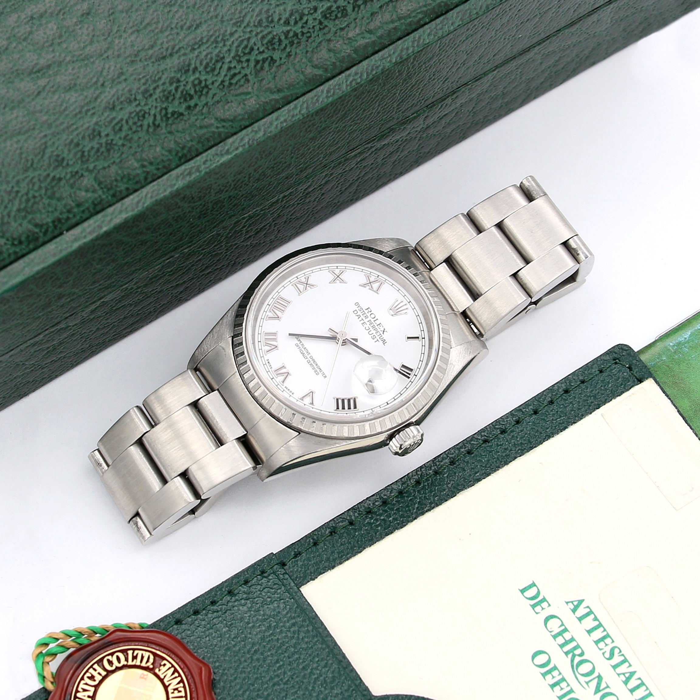 Rolex ref. 16220 White Roman (Big) Dial Oyster Bracelet with Papers