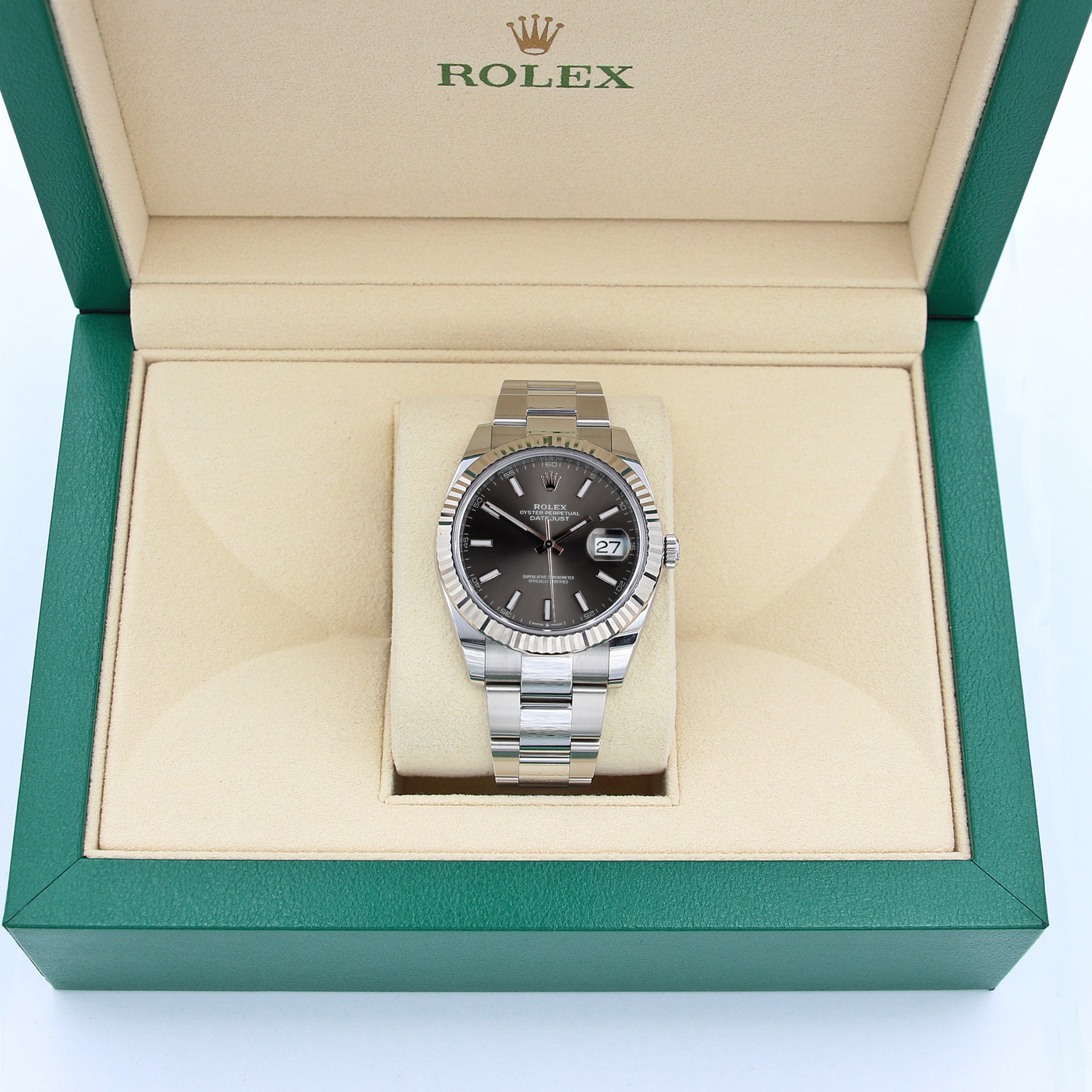 Rolex Datejust ref. 126334 Oyster-Armband mit schiefergrauem Zifferblatt – komplettes Set