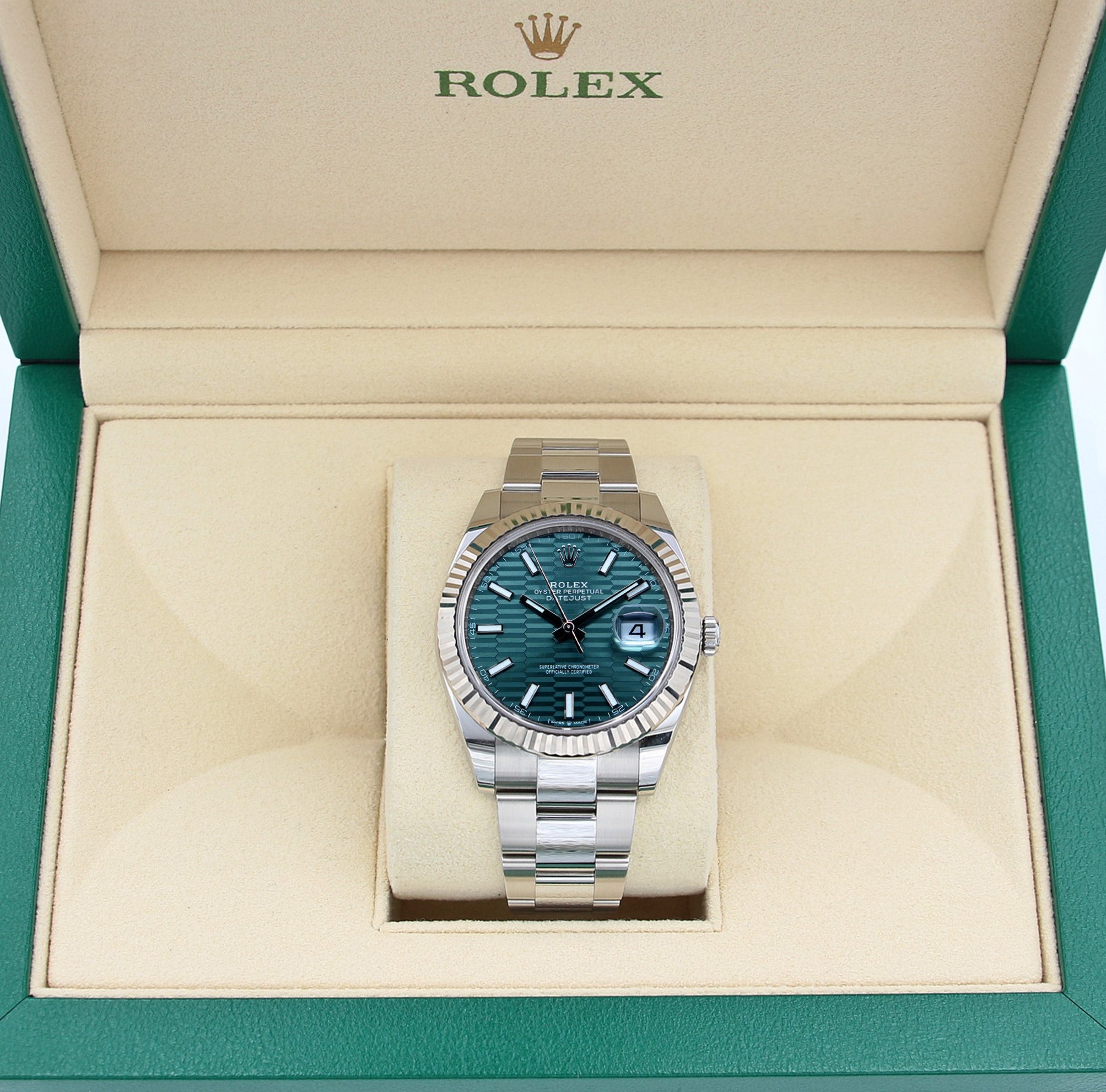 Rolex Datejust ref. 126334 Oyster-Armband mit grünem Motiv-Zifferblatt – komplettes Set